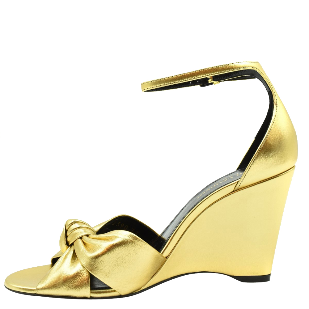 Pre-owned Saint Laurent Metallic Gold Lila Wedge Sandals Size Eu 37