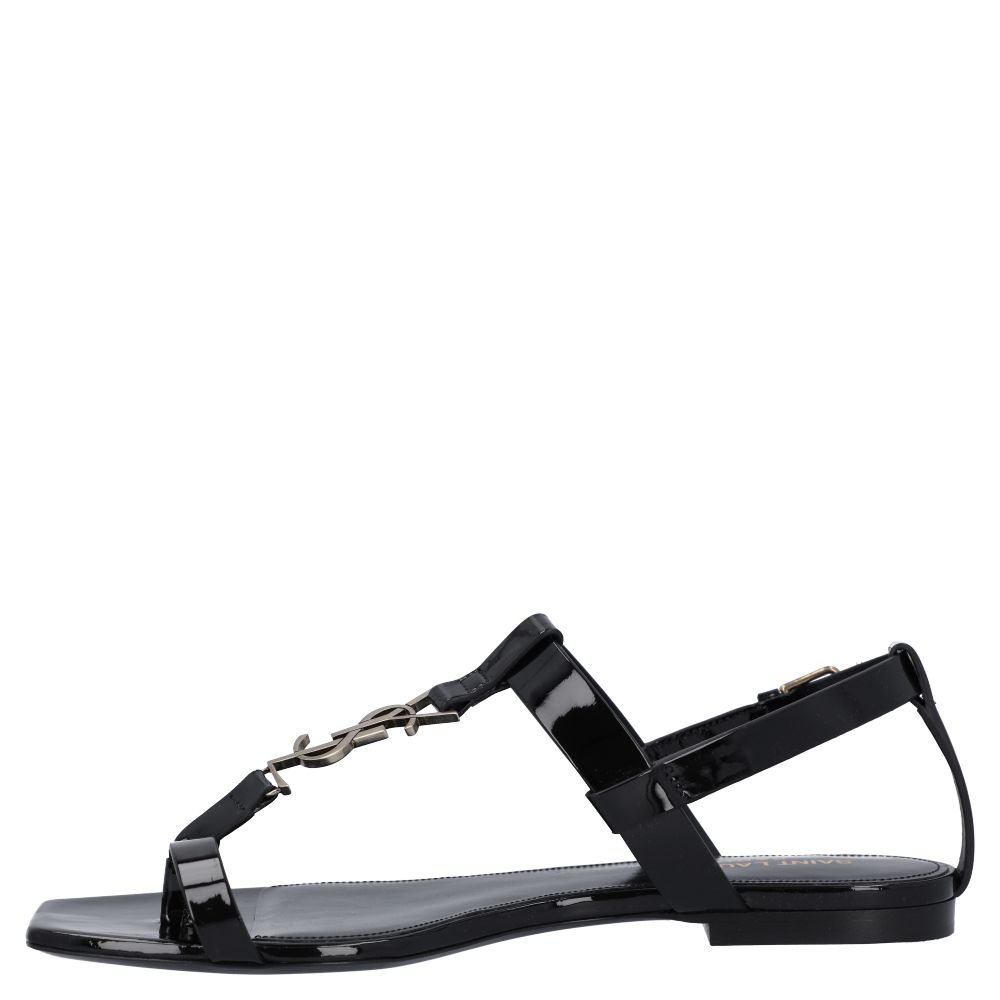 

Saint Laurent Paris Black Patent Leather Monogram Cassandra Flat Sandals Size EU