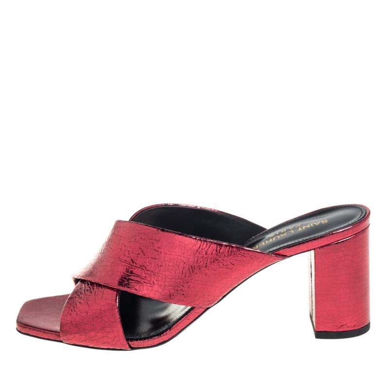 

Saint Laurent Metallic Red Foil Leather Loulou Criss Cross Slide Sandals Size