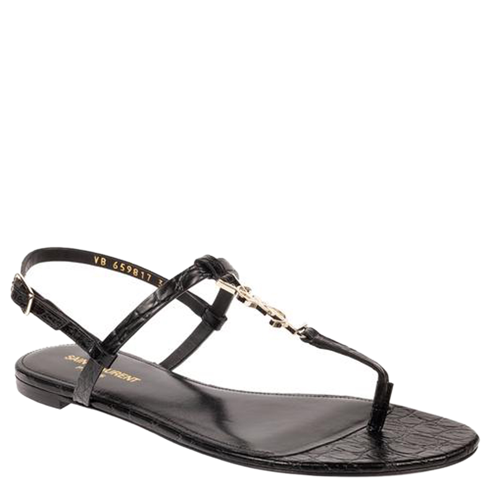 

Saint Laurent Paris Black Croc Embossed Cassandra Flat Sandals Size EU