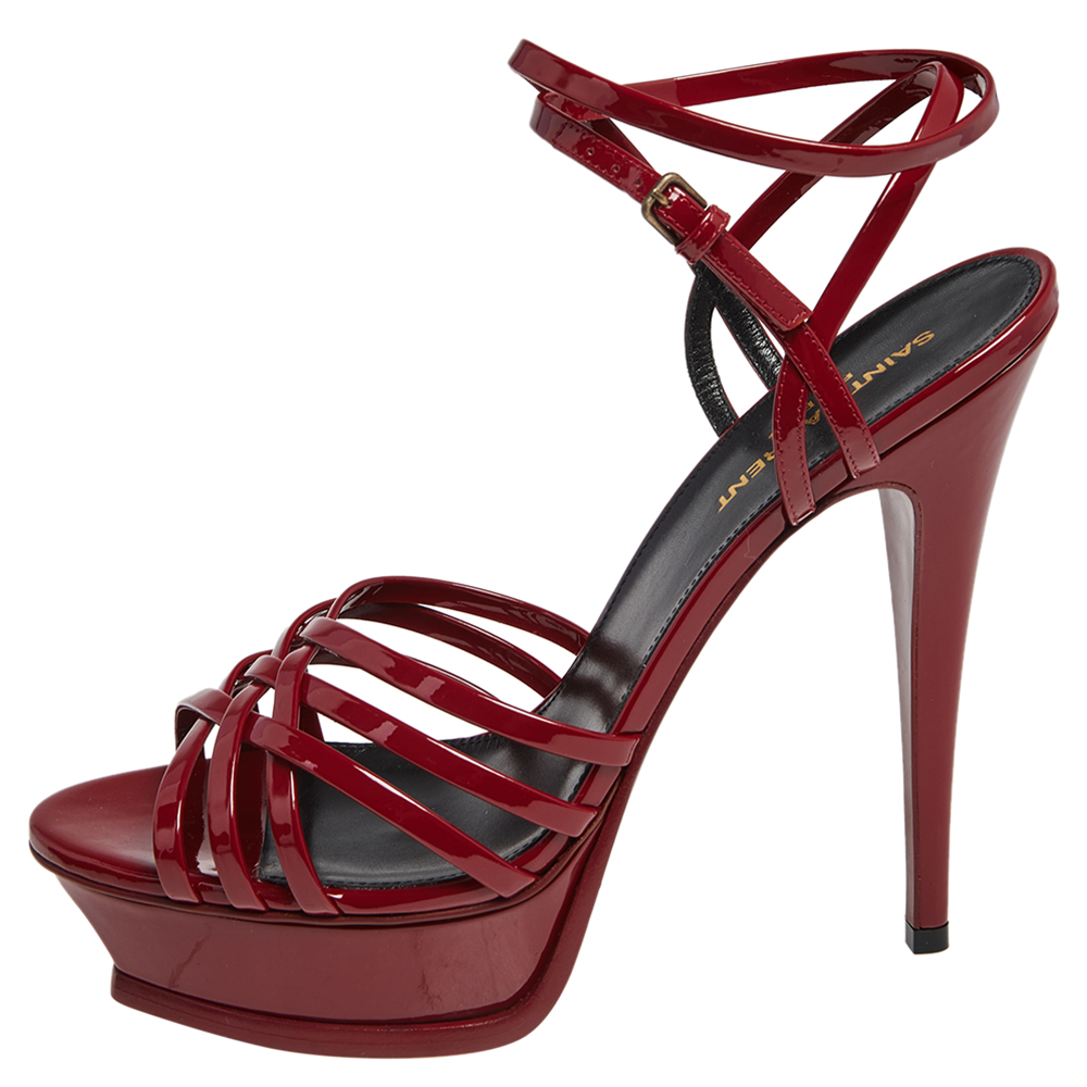 

Saint Laurent Red Patent Leather Tribute Cage Platform Sandals Size