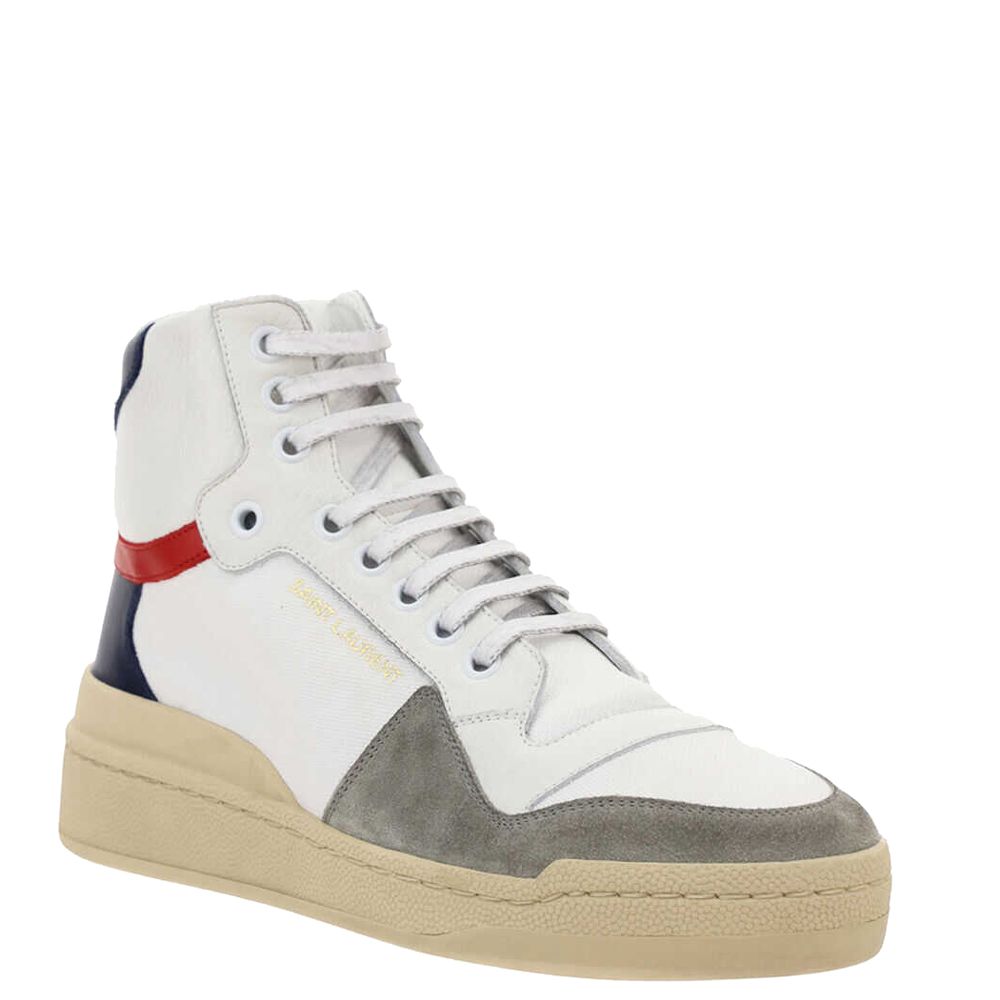 

Saint Laurent Paris White Leather Canvas Suede Mid-Top Sneakers Size EU
