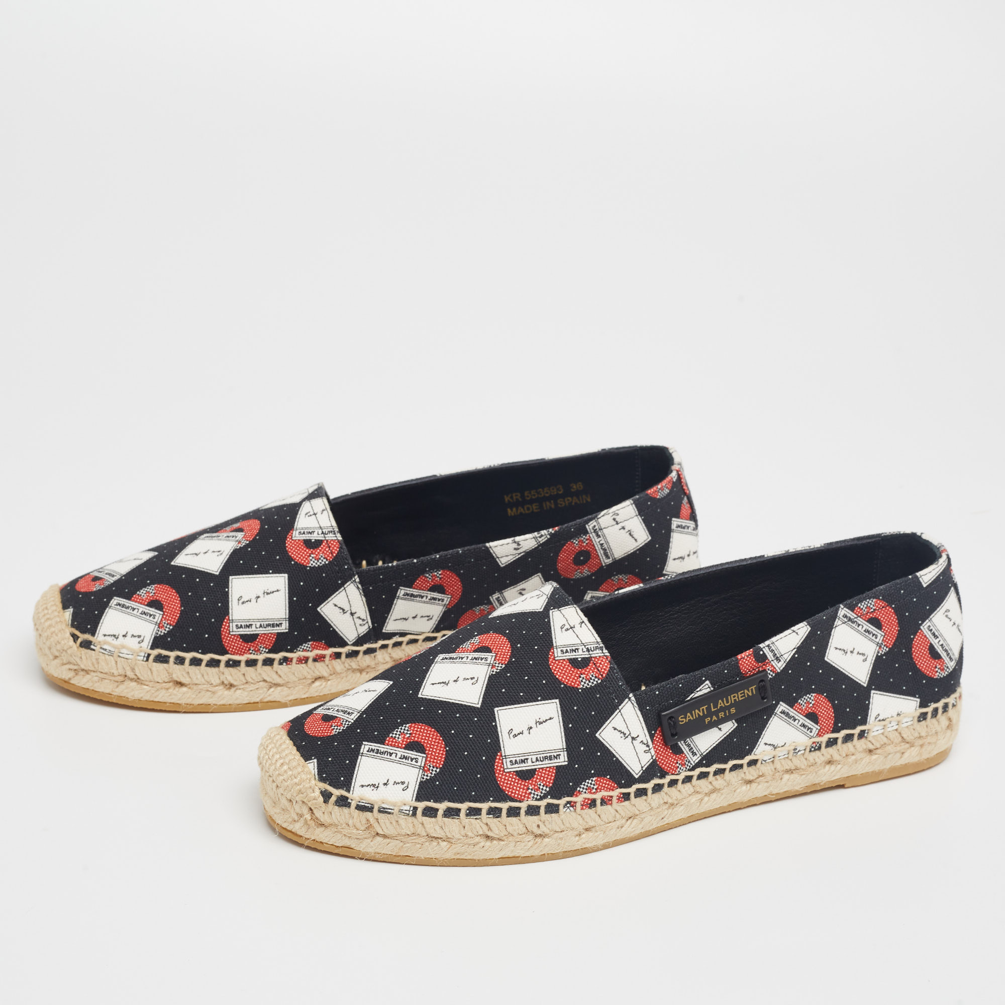 

Saint Laurent Black Printed Canvas Flat Espadrilles Size