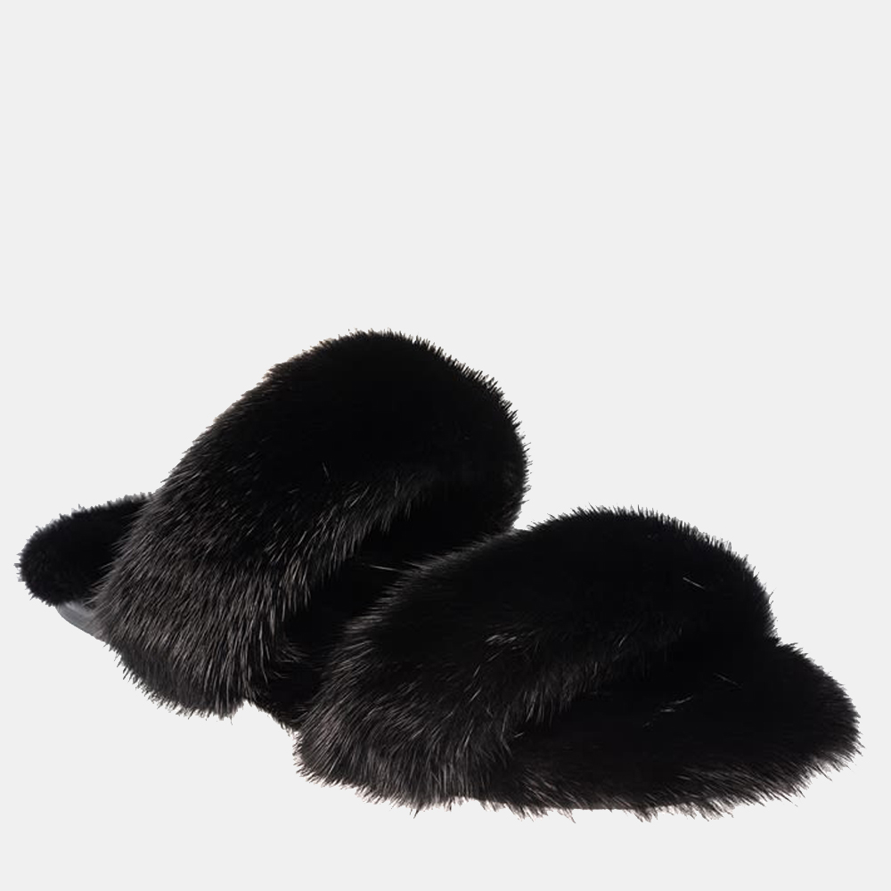 

Saint Laurent Paris Black Bleach Mink Fur Slides Size EU