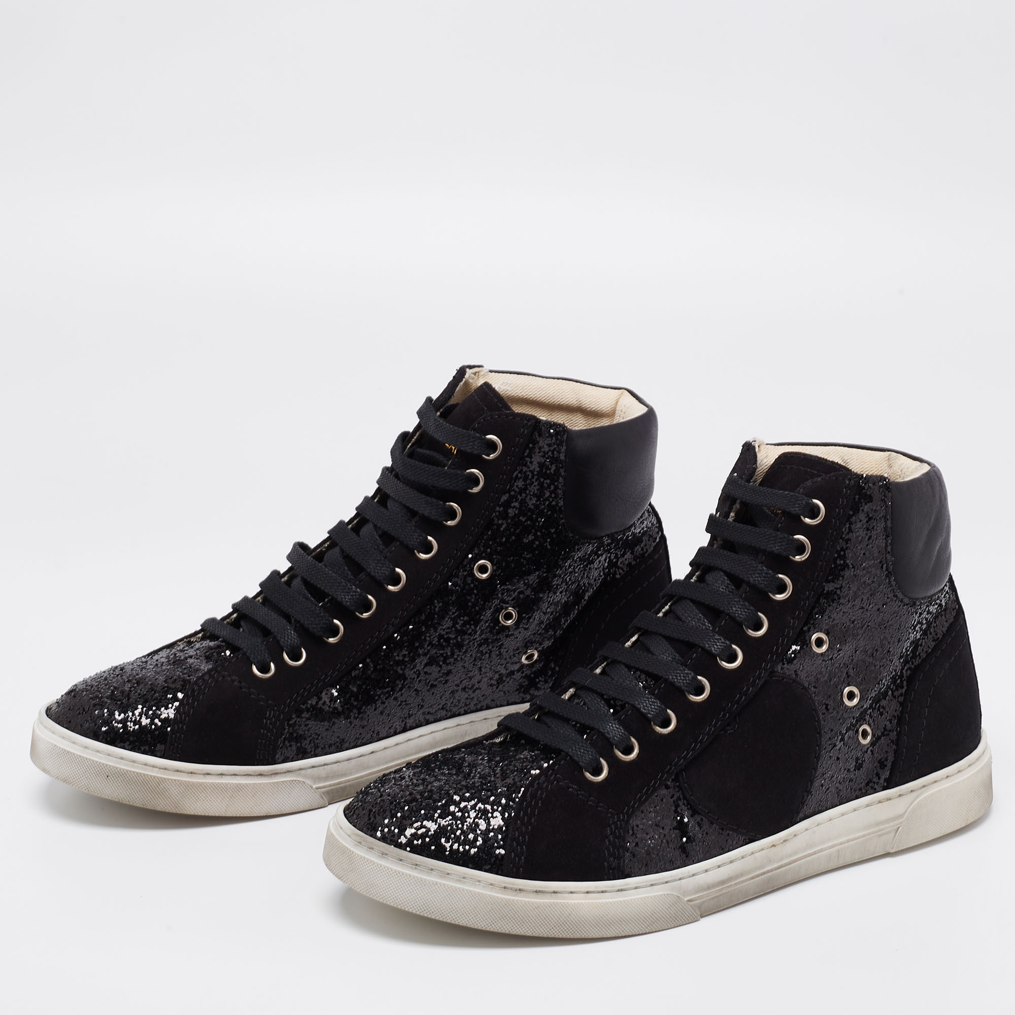 

Saint Laurent Black Leather And Glitter Bad Lieutenant High-Top Sneakers Size