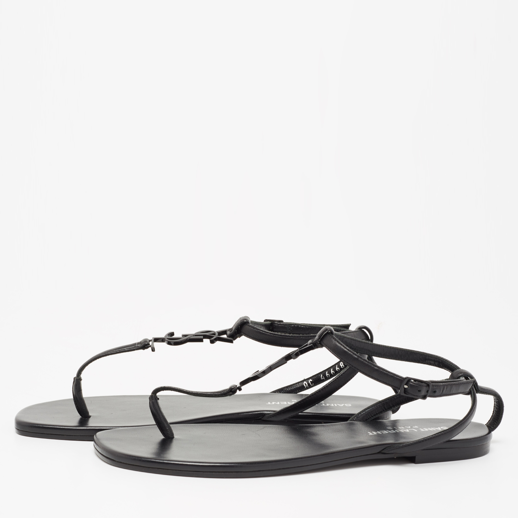 

Saint Laurent Black Leather Logo T-Strap Flat Thong Sandals Size