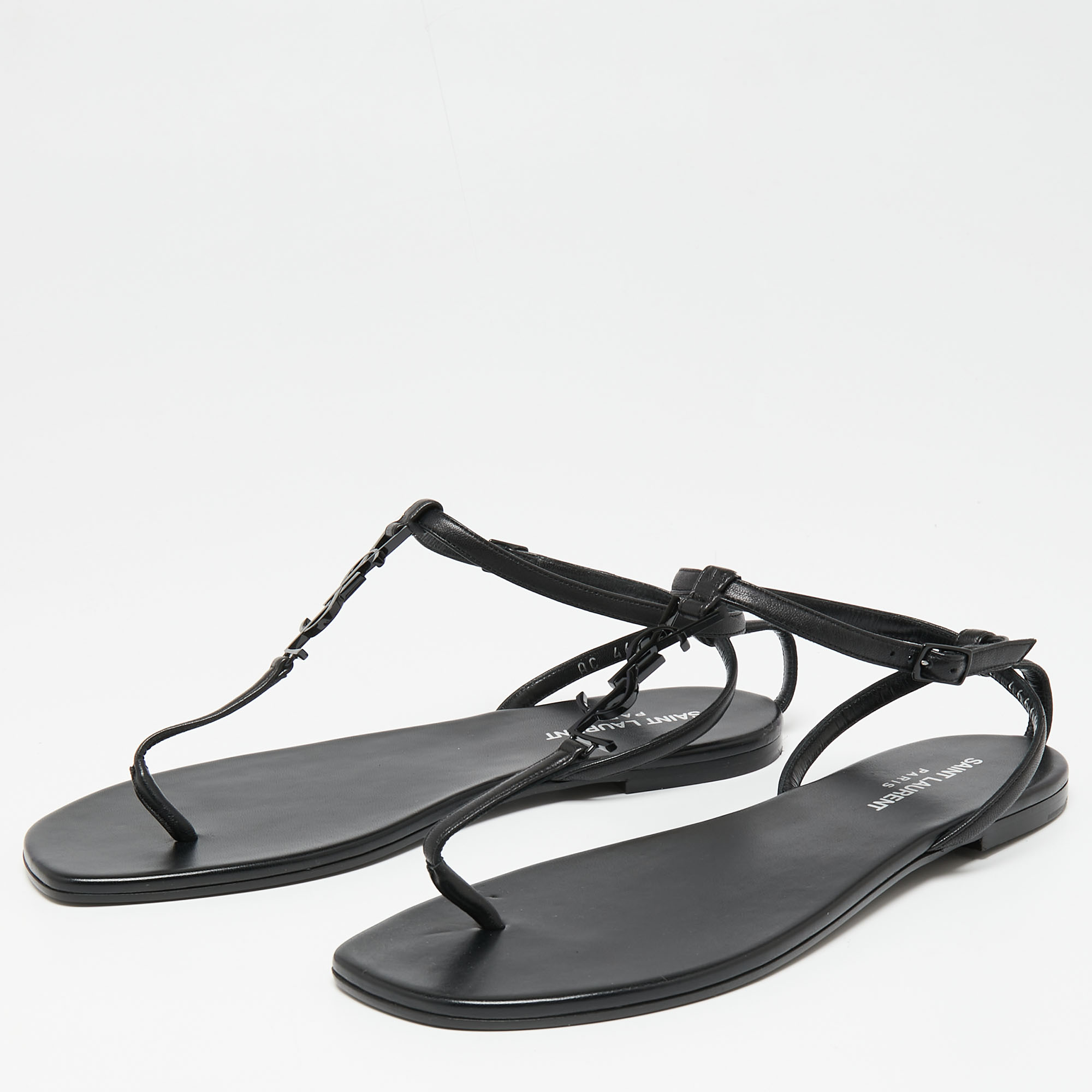 

Saint Laurent Black Leather Cassandra T-Strap Flat Sandals Size
