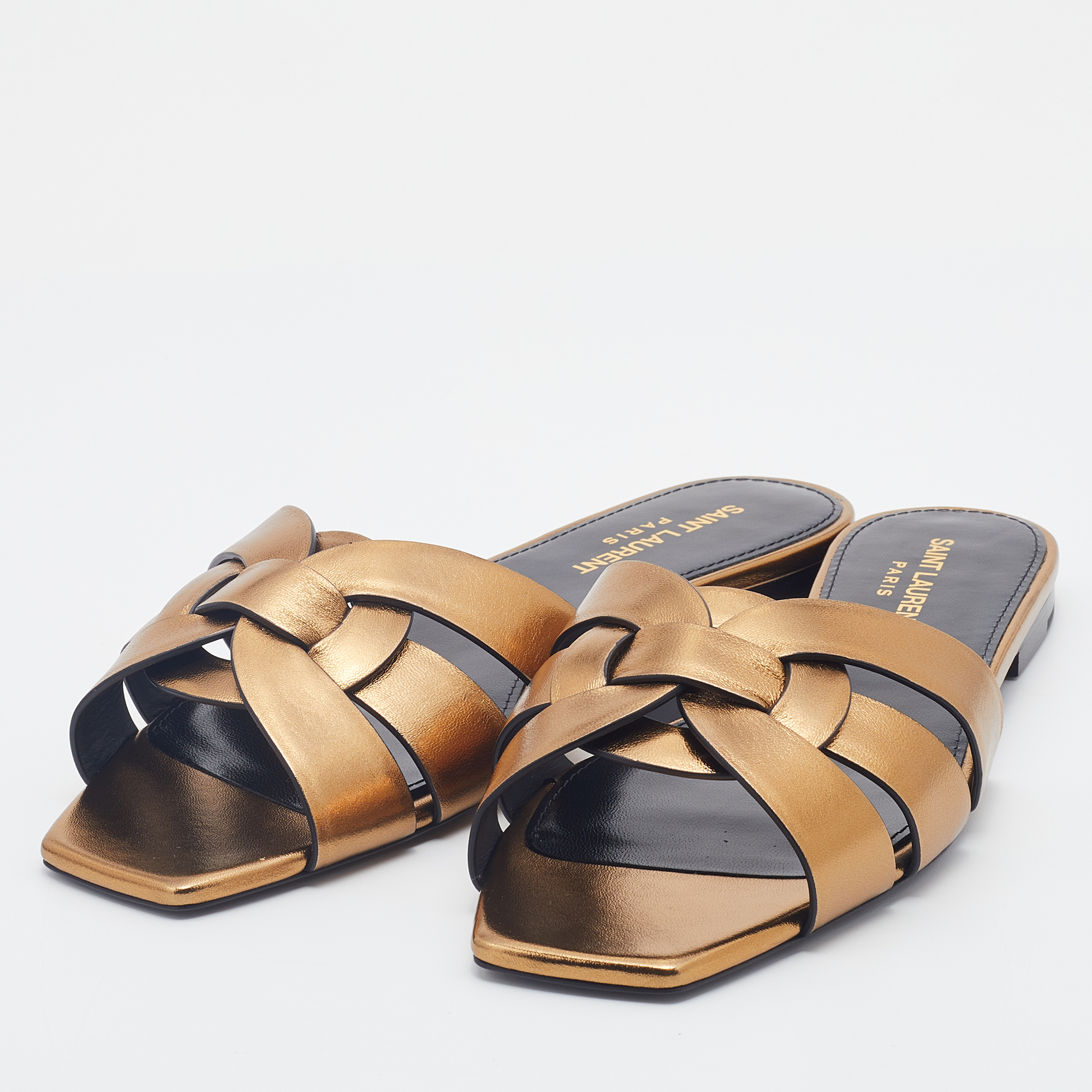 

Saint Laurent Gold Leather Tribute Flat Slides Size