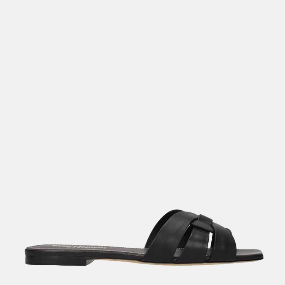 

Saint Laurent Paris Black Leather Tribute Flat Sandals Size US 6.5 EU