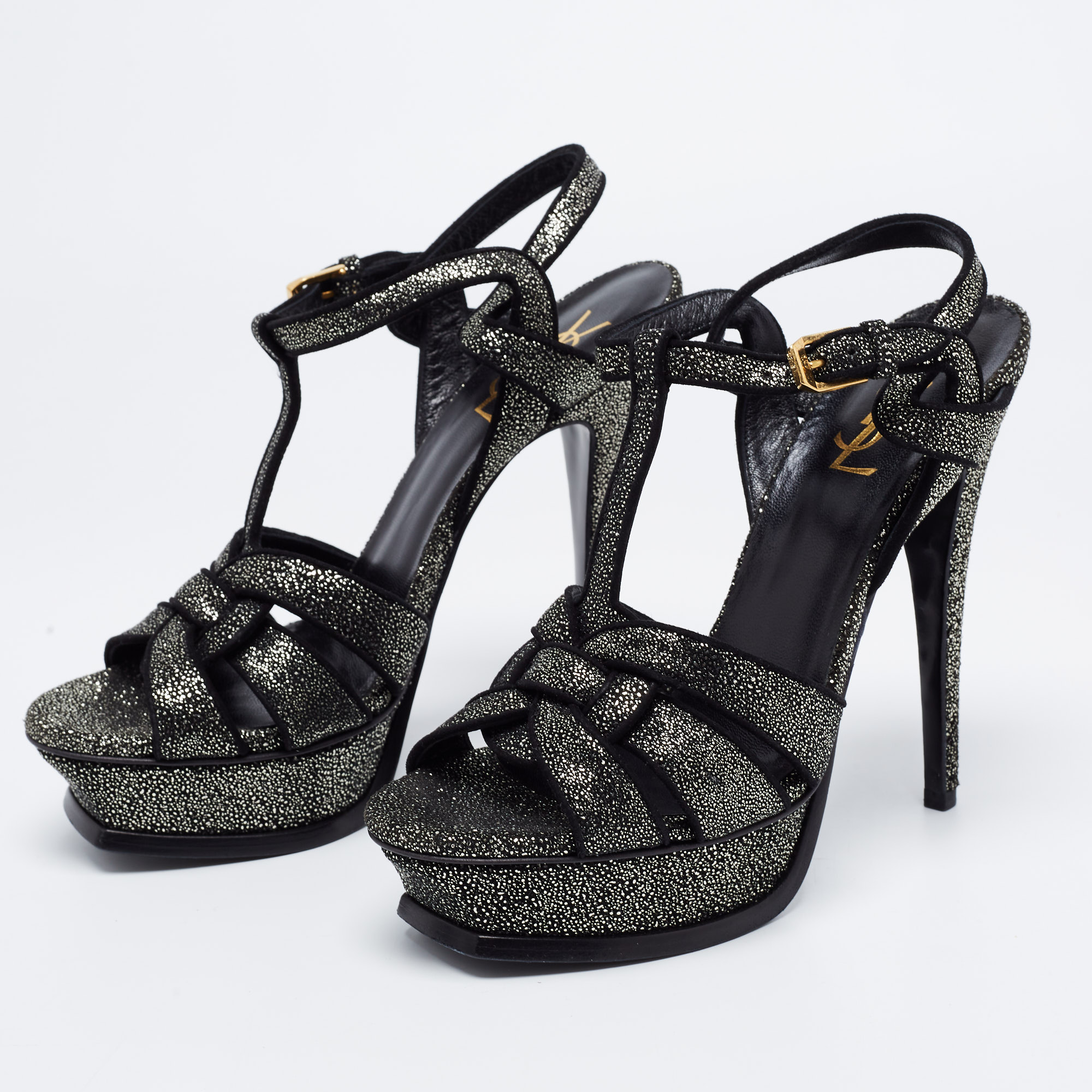 

Saint Laurent Black/Silver Glitter Suede Tribute Sandals Size