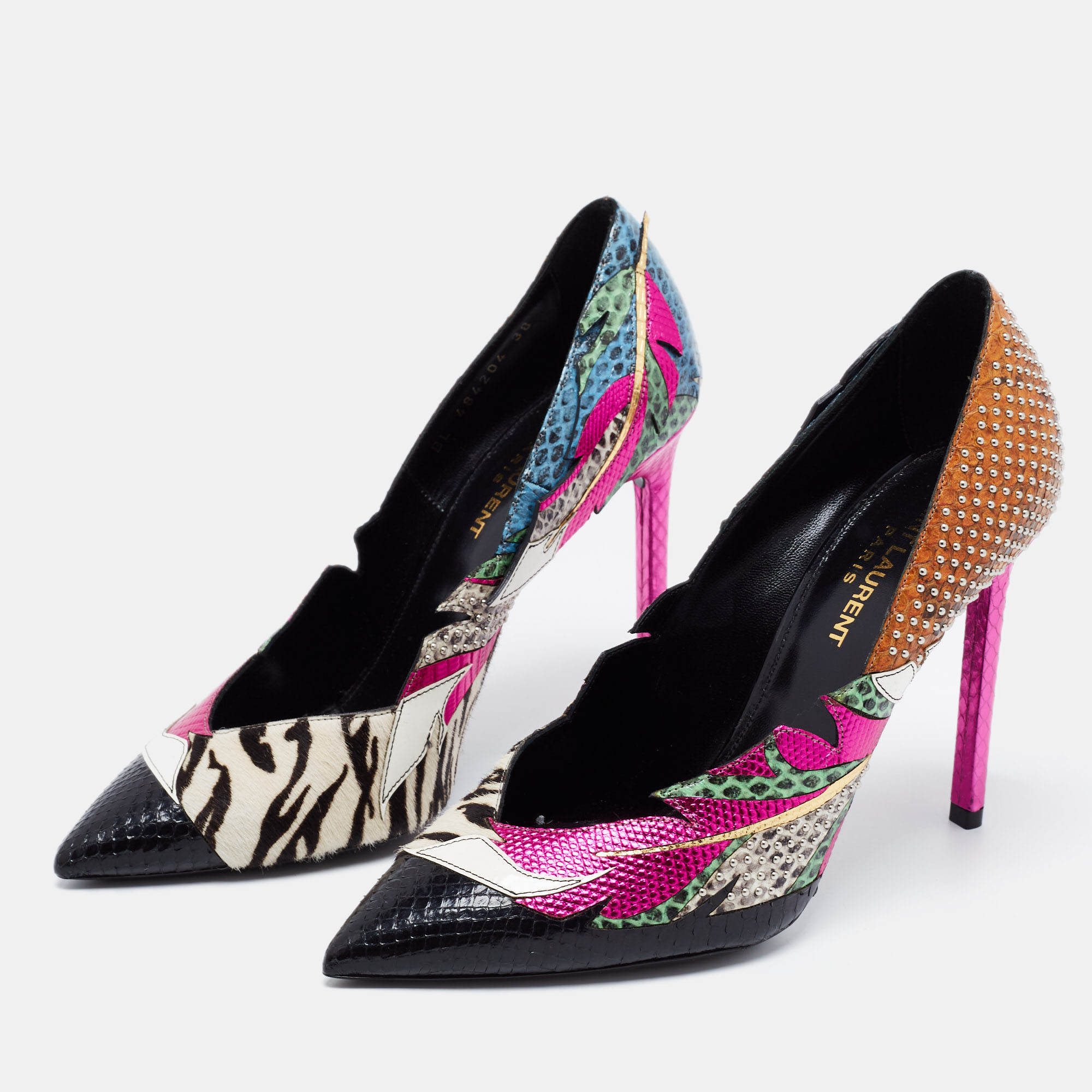 

Saint Laurent Multicolor Calfhair and Snakeskin Anja Studded Feather Pumps Size