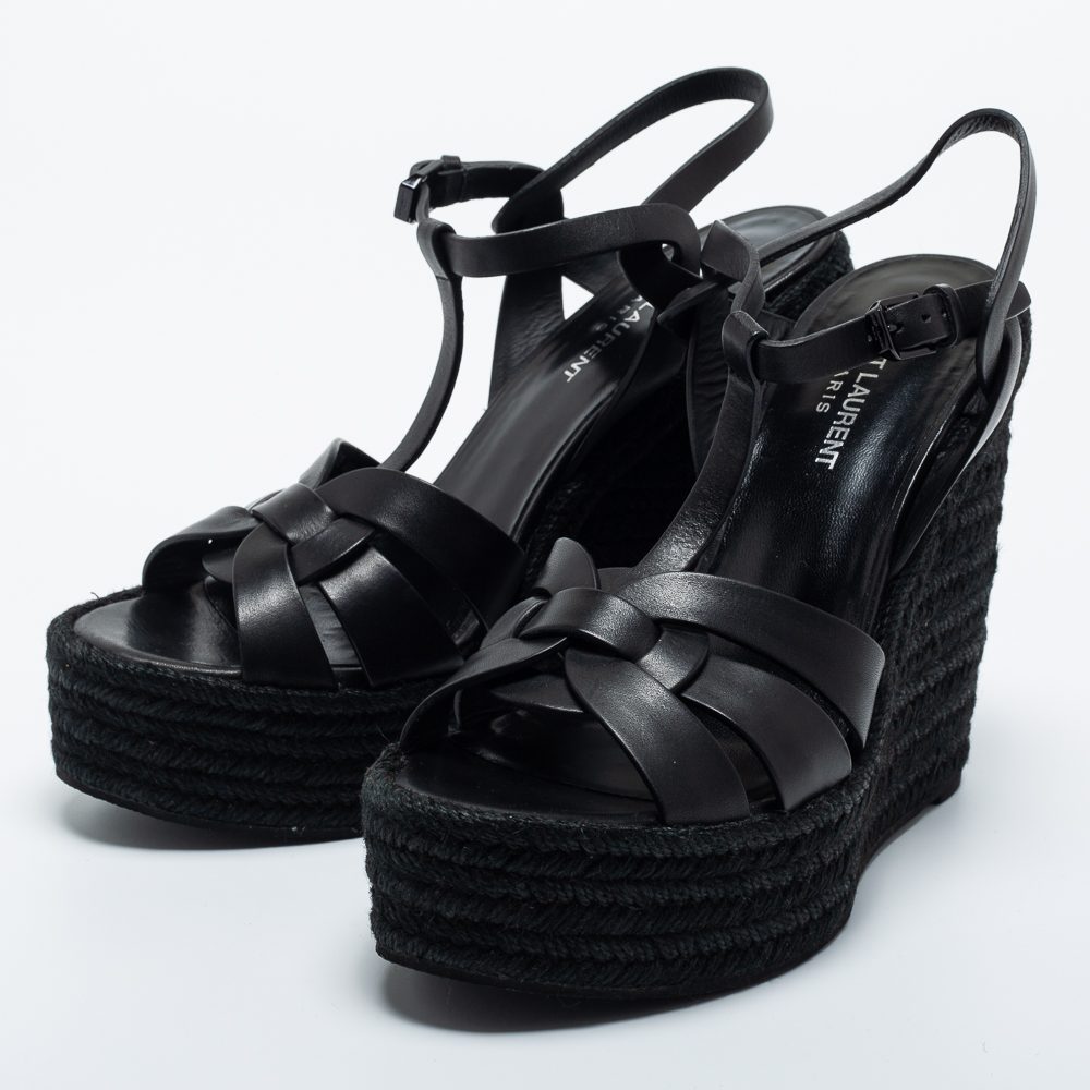 

Saint Laurent Black Leather Tribute Espadrille Wedge Sandals Size