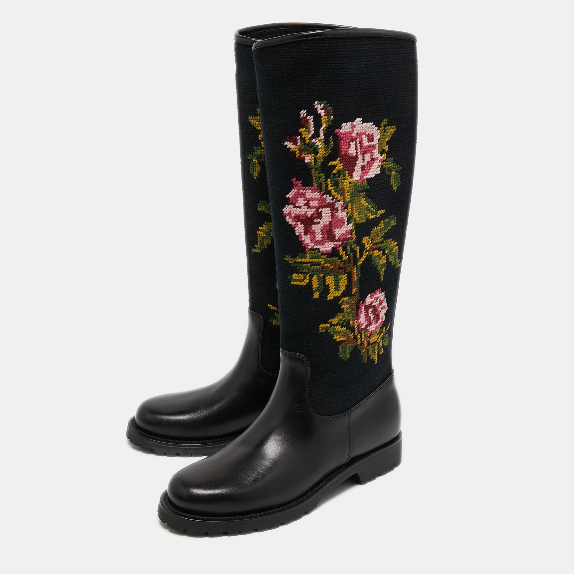 

Saint Laurent Black Leather and Knit Fabric Embroidered Knee Length Boots Size