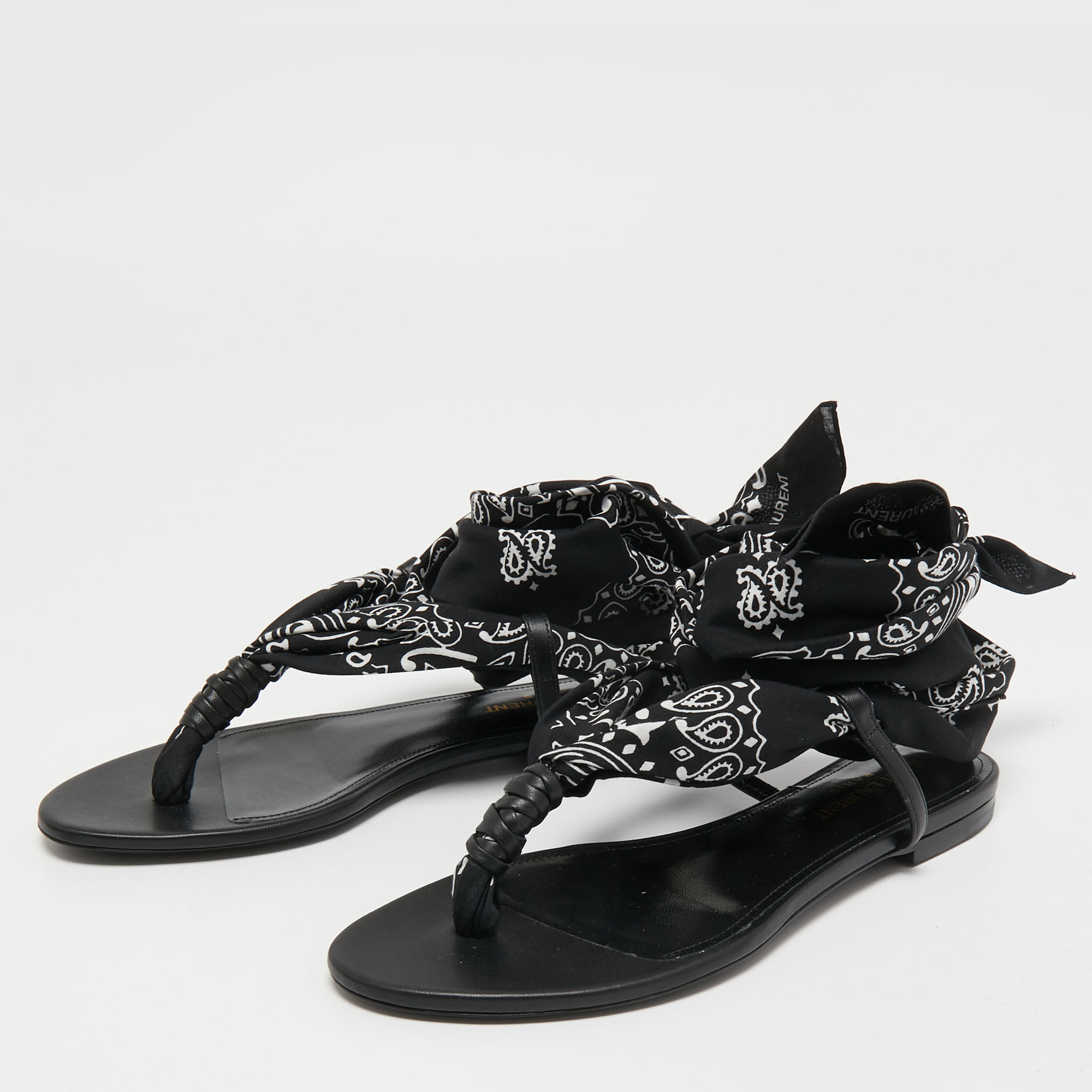 

Saint Laurent Paris Black/White Leather and Fabric Ankle Wrap Flat Sandals Size