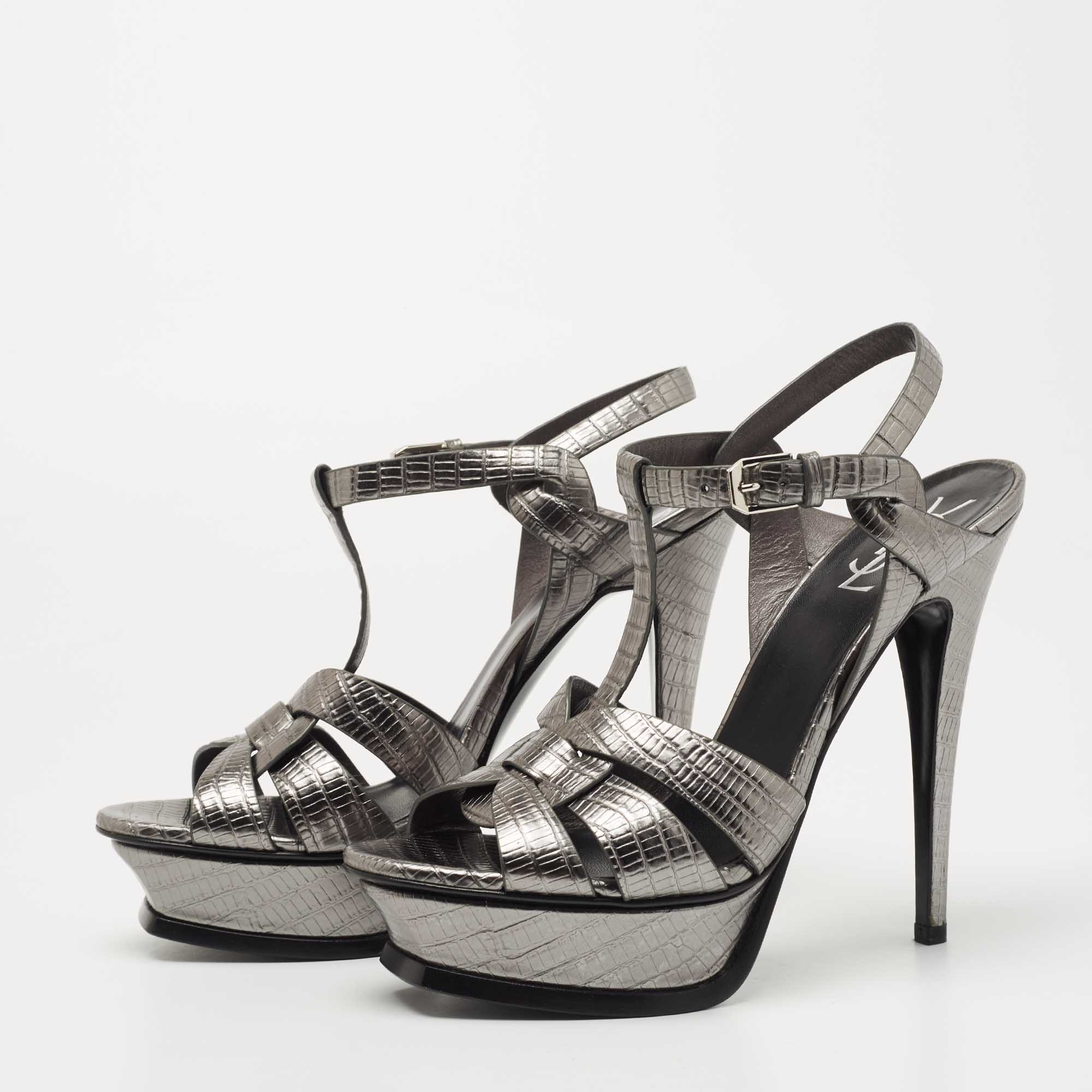 

Saint Laurent Silver Lizard Embossed Leather Tribute Sandals Size, Metallic