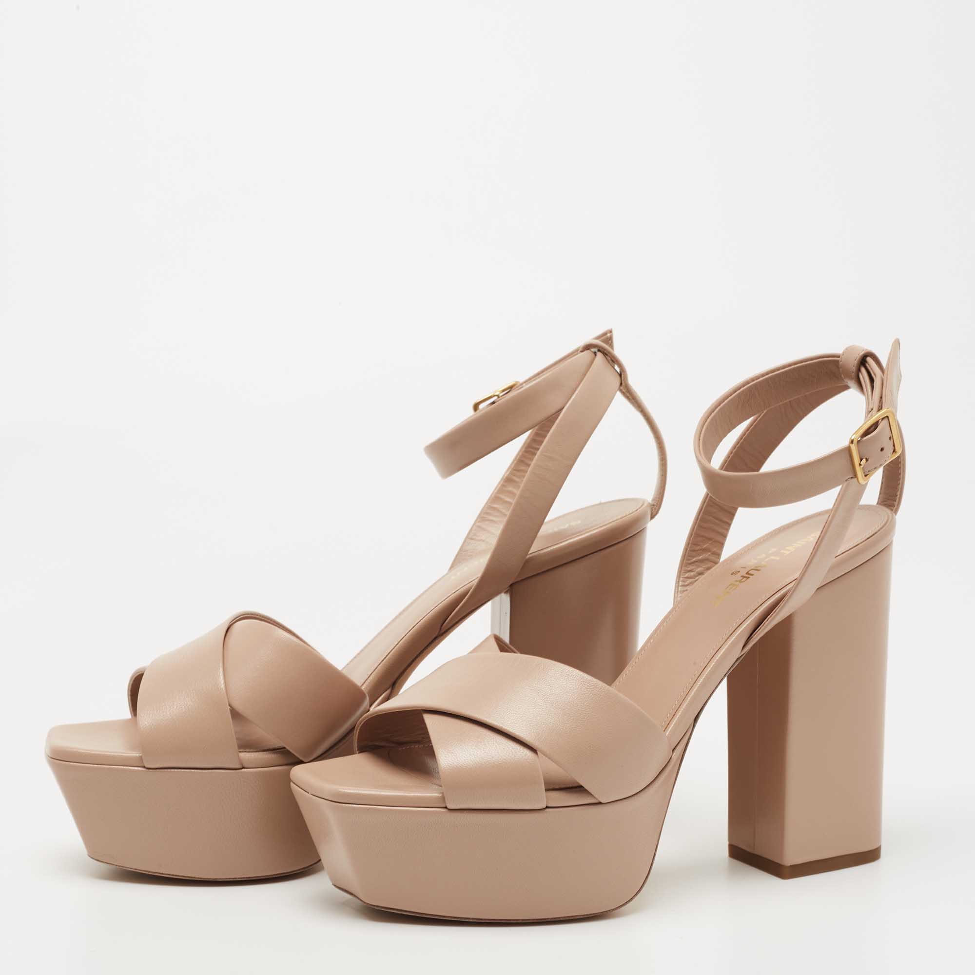 

Saint Laurent Paris Beige Leather Farrah Platform Ankle Strap Sandals Size