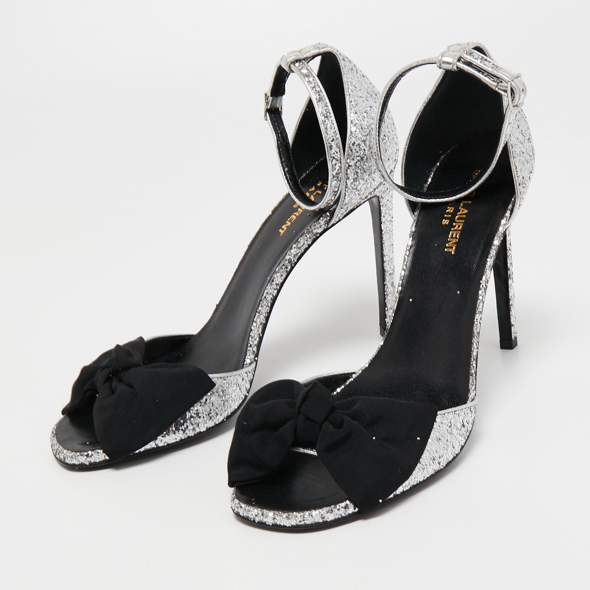 

Saint Laurent Silver/Black Coarse Glitter and Fabric Jane Bow Ankle Strap Sandals Size