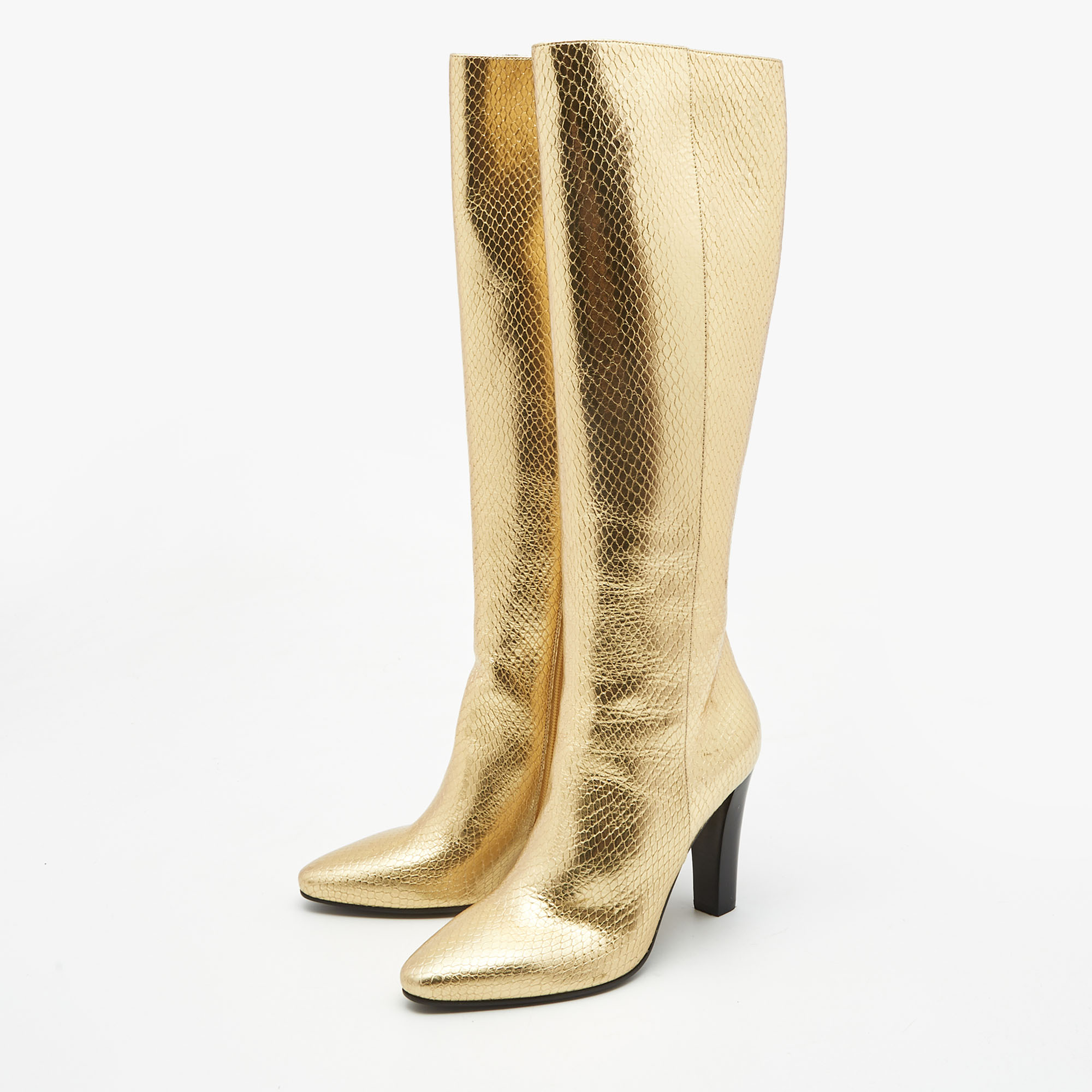 

Saint Laurent Gold Python Embossed leather Knee Length Boots Size