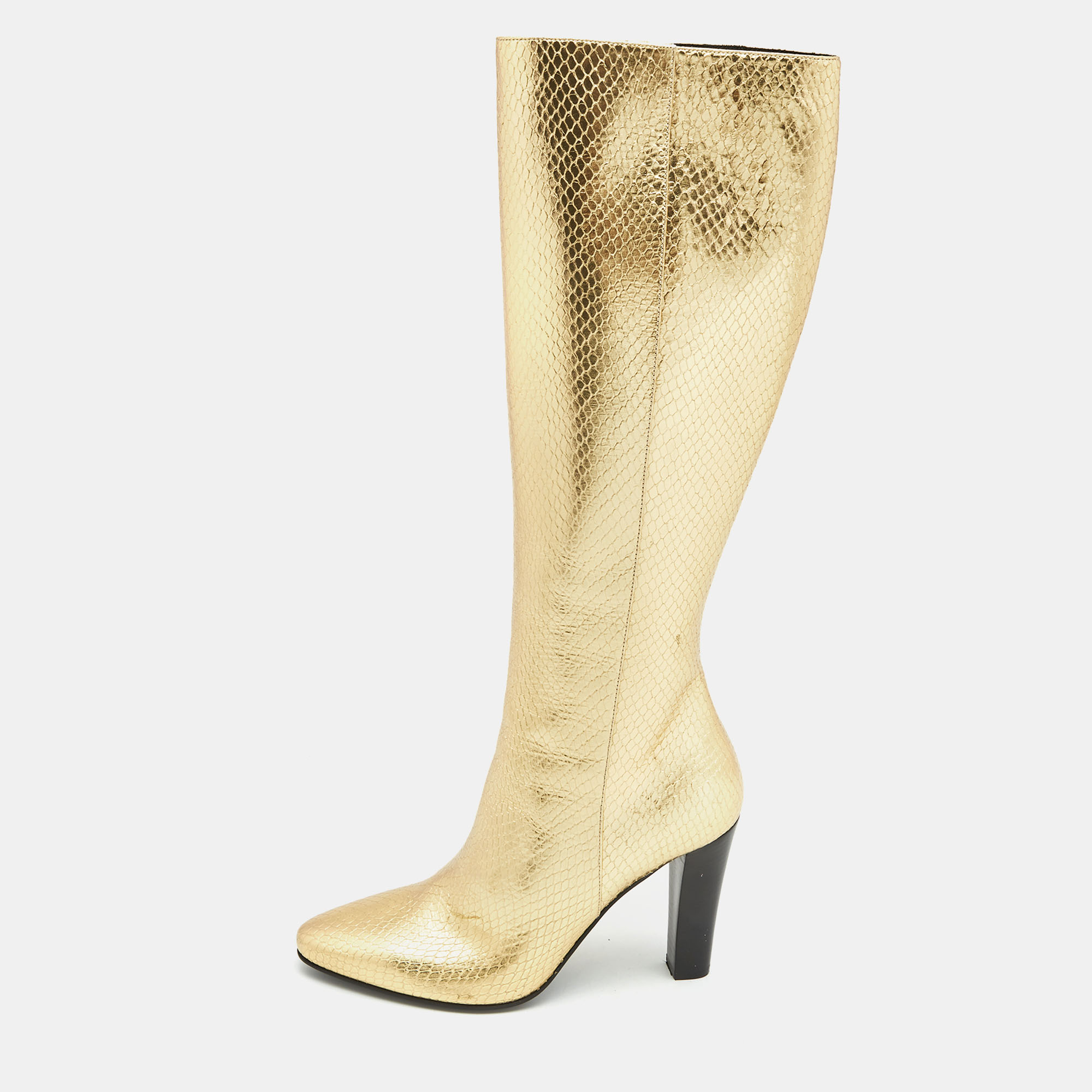 Pre-owned Saint Laurent Gold Python Embossed Leather Knee Length Boots ...