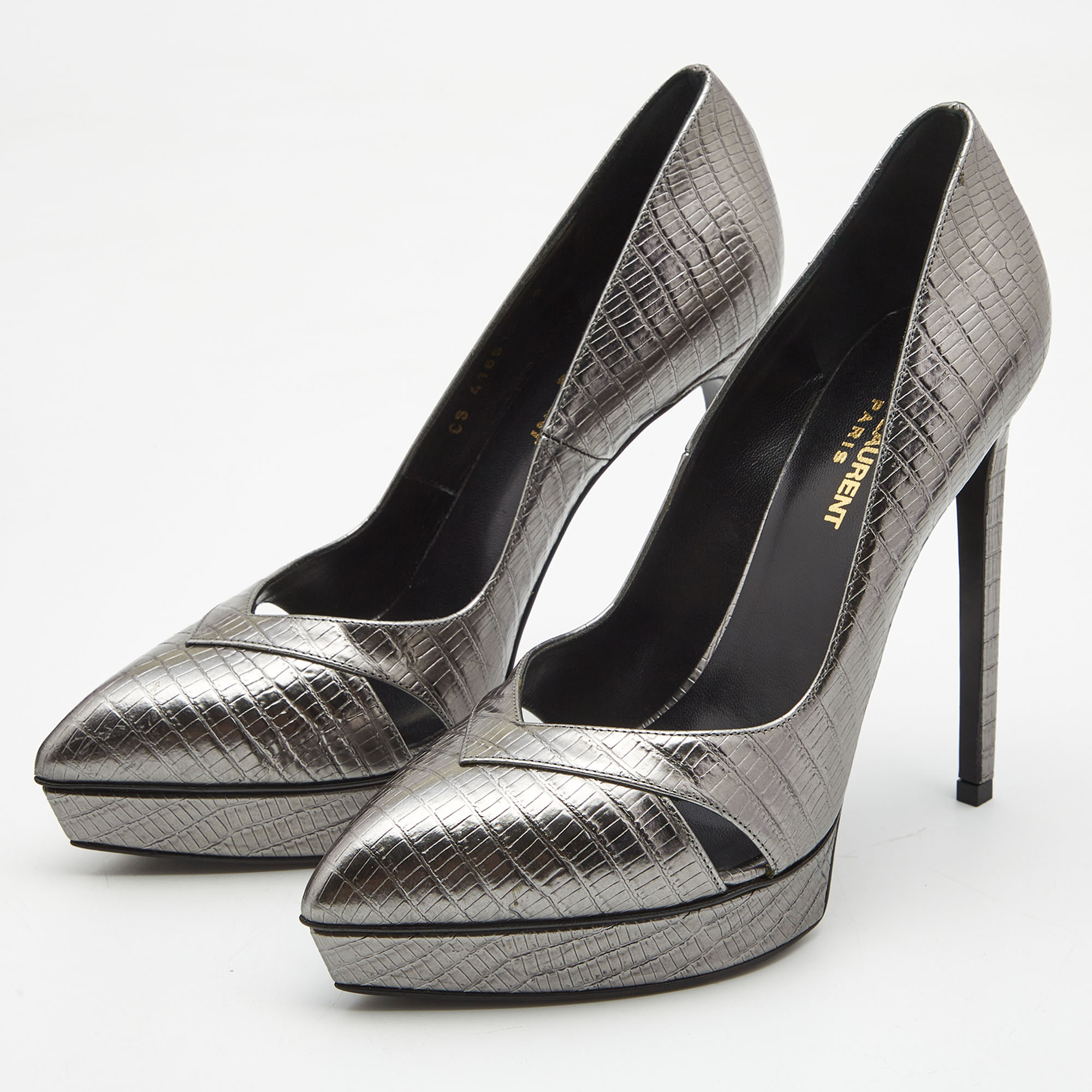 

Saint Laurent Grey Lizard Embossed Leather Platform Pointed Toe Pumps Size