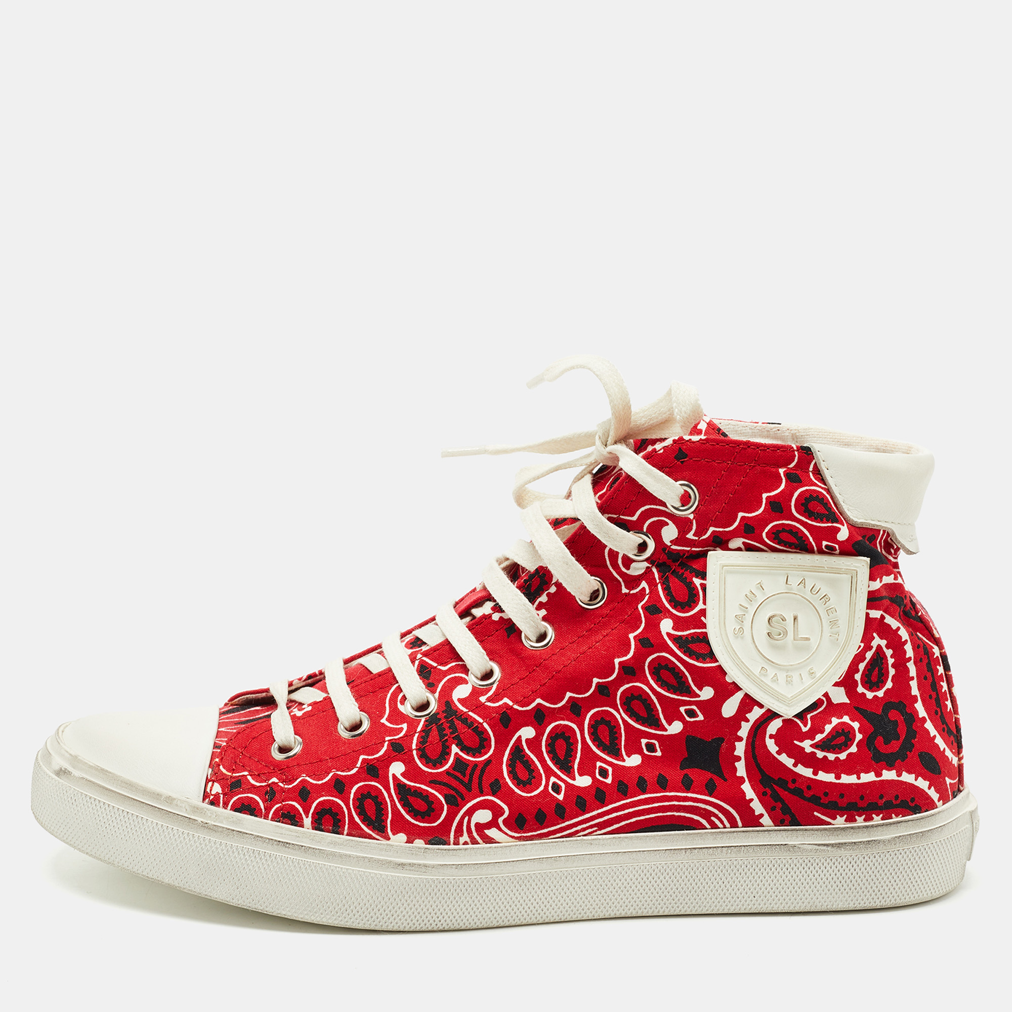 مملوكة مسبقًا Saint Laurent Red Canvas and Leather High Top Sneakers Size 39