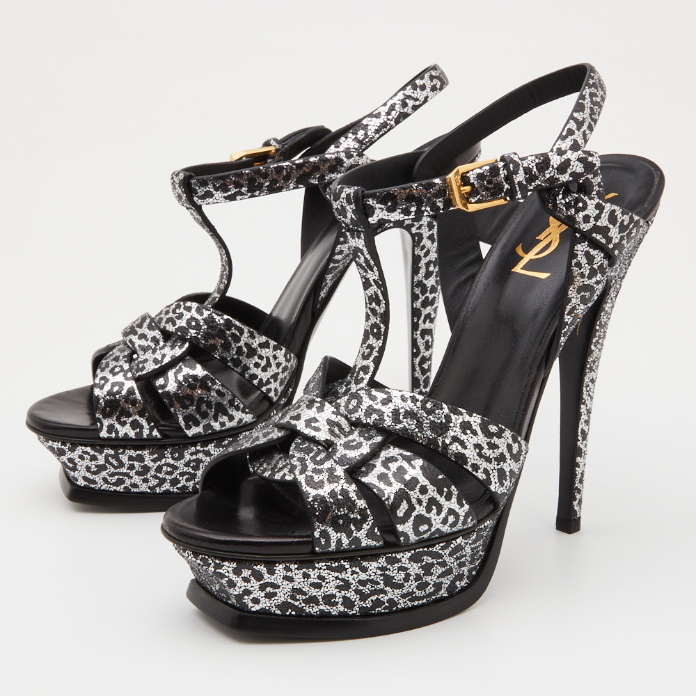 

Saint Laurent Silver/Black Leopard Print Glitter Suede Tribute Sandals Size
