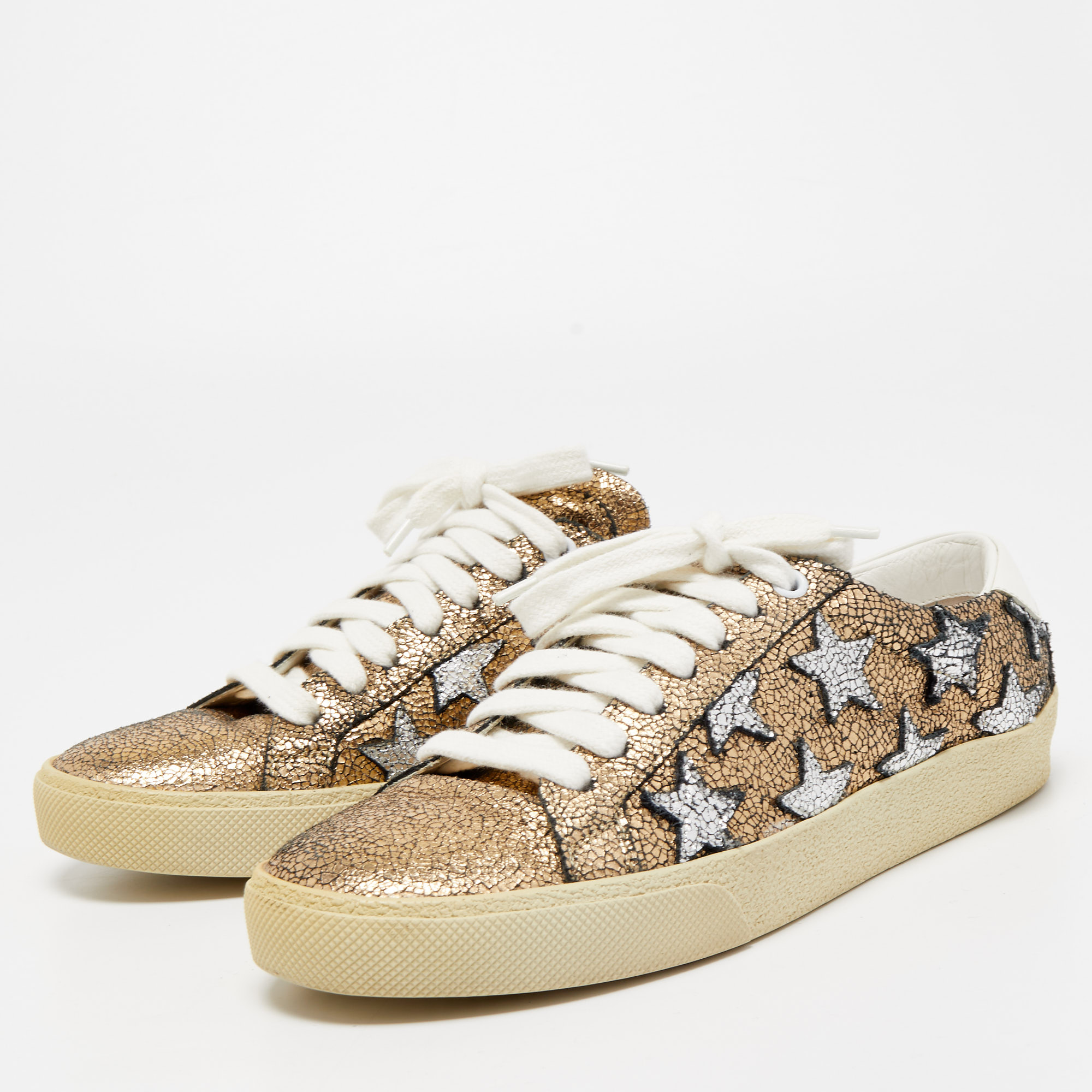 

Saint Laurent Gold/Silver Crinkled Leather Court Classic Star Sneakers Size