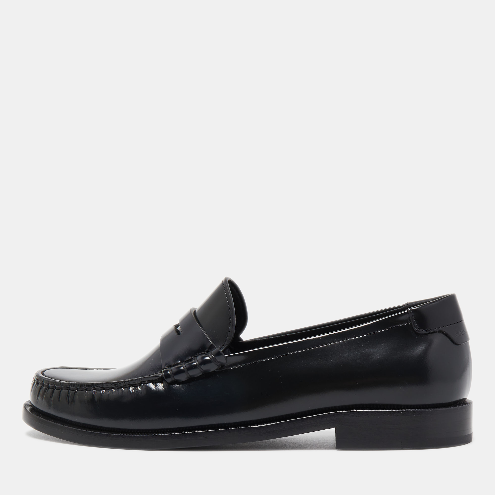 Pre Owned Saint Laurent Paris Black Leather Penny Slip On Loafers Size 38