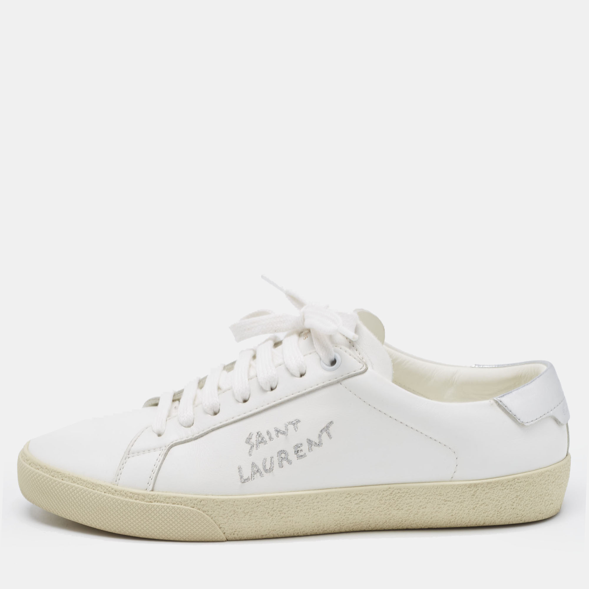 مملوكة مسبقًا Saint Laurent White Leather Court Classic SL/06 Sneakers Size 38.5