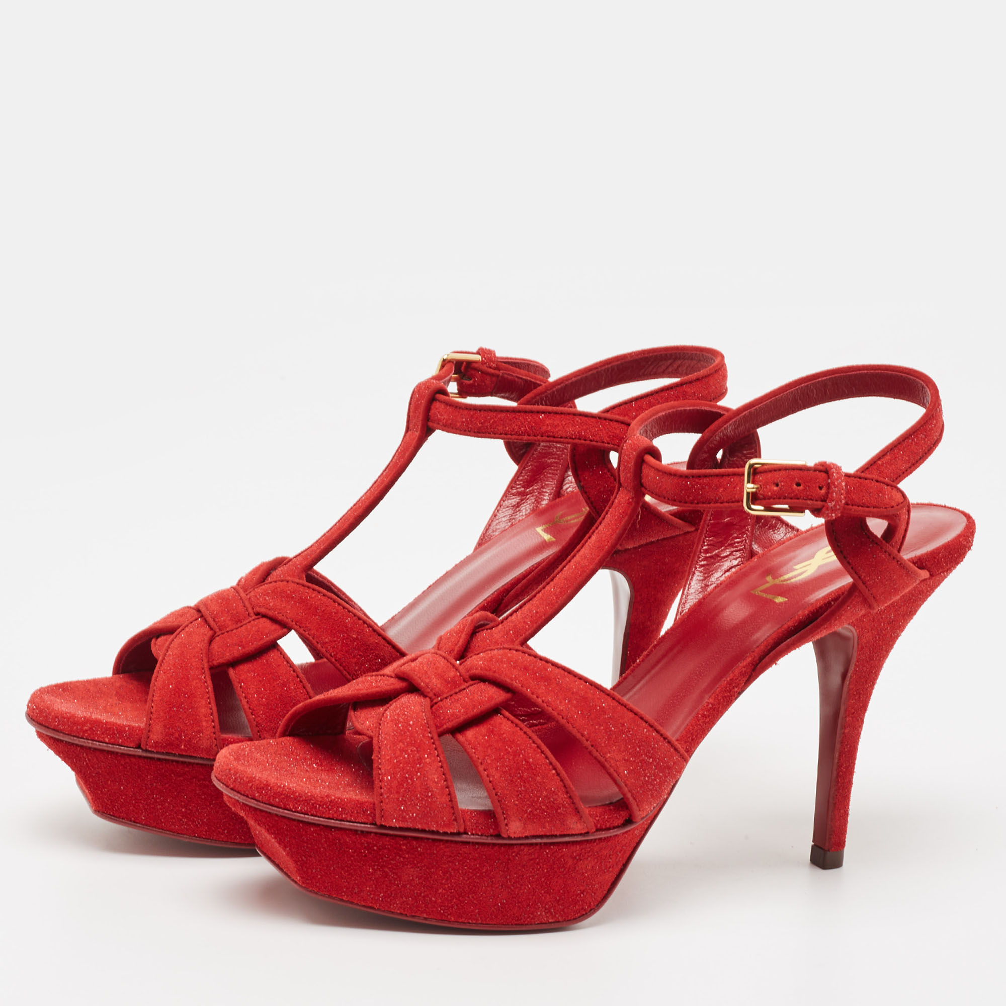 

Saint Laurent Red Suede Tribute Ankle Strap Sandals Size