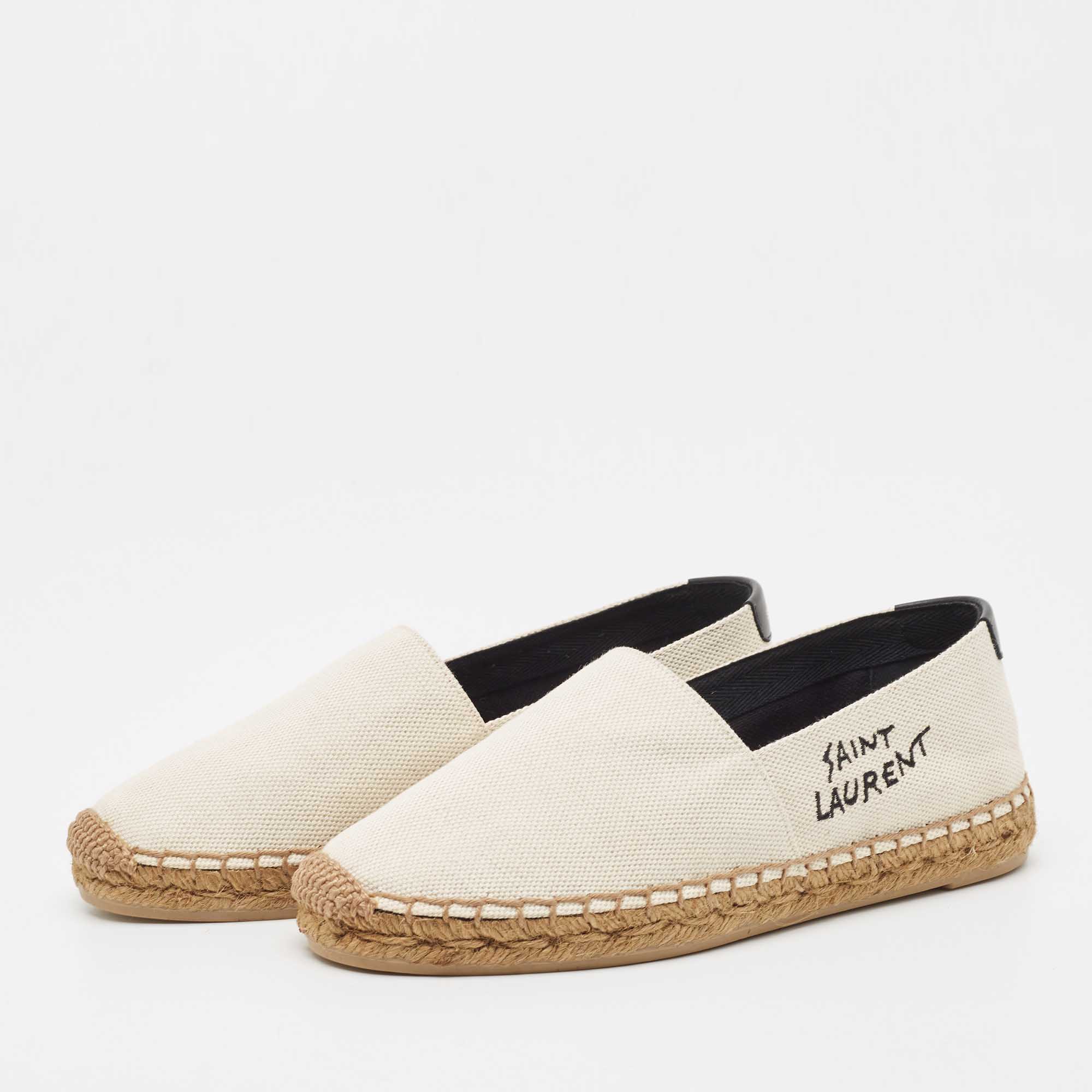 

Saint Laurent White Canvas Logo Embroidered Espadrille Flats Size