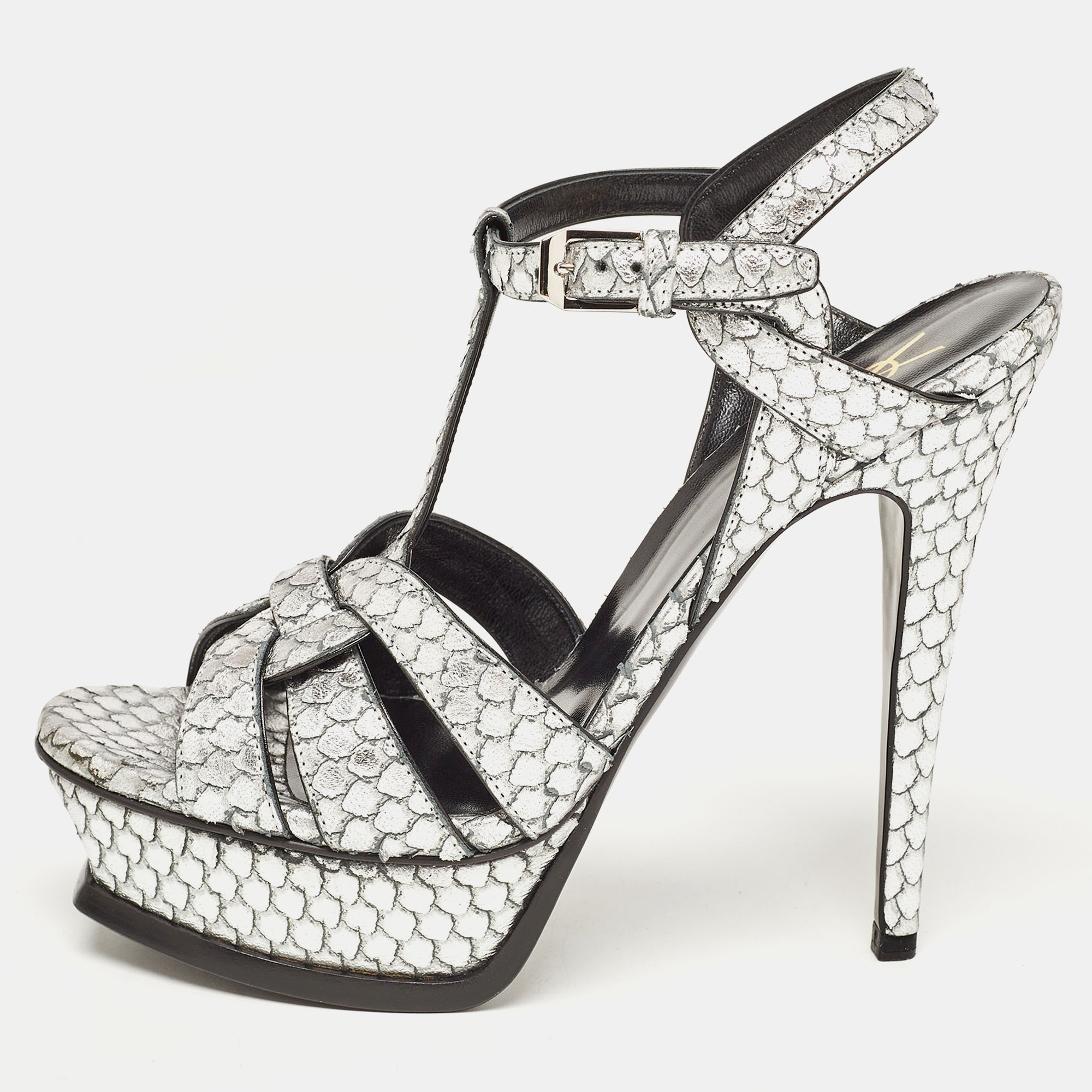 

Saint Laurent Silver Python Embossed Leather Tribute Ankle Strap Sandals Size