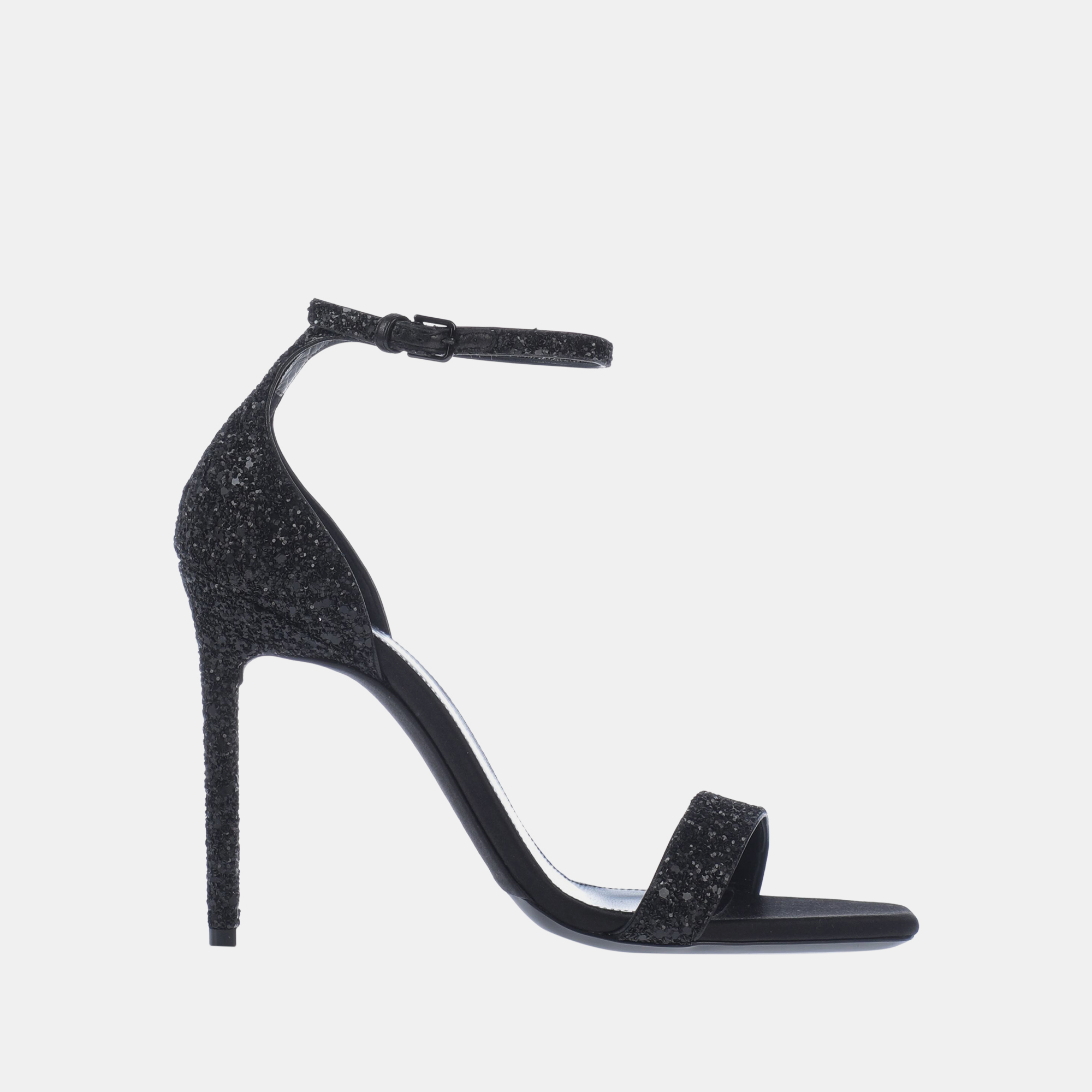 

Saint Laurent Glitter & Leather Open-Toe Sandals, Black