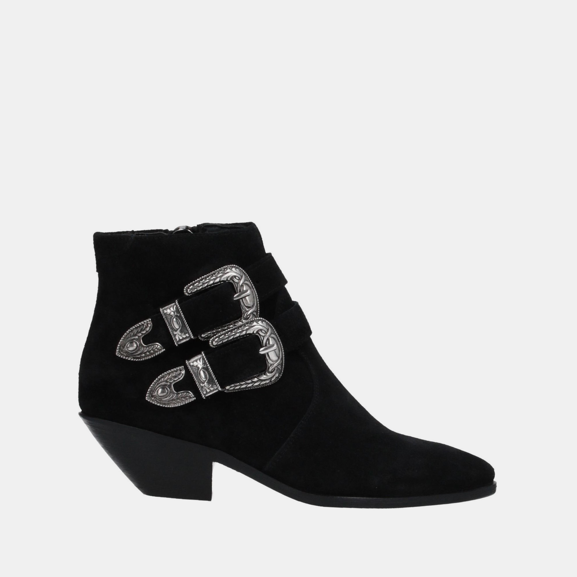 Pre-owned Saint Laurent Suede Buckle Ankle Boots Size 37 In Black