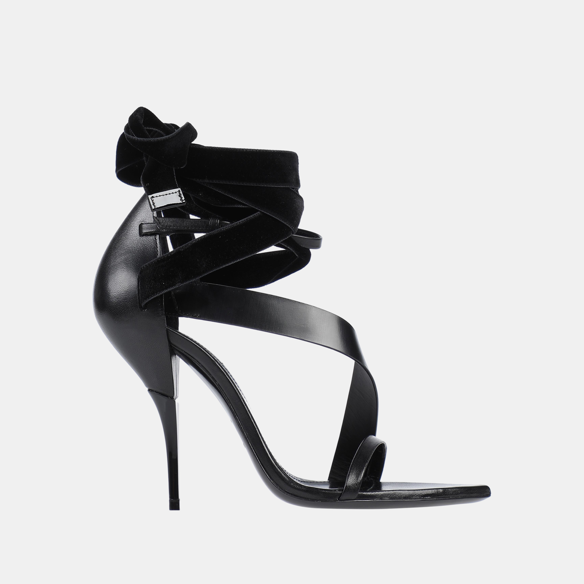 Pre-owned Saint Laurent Leather Ankle Strap Sandals 37.5 In Black