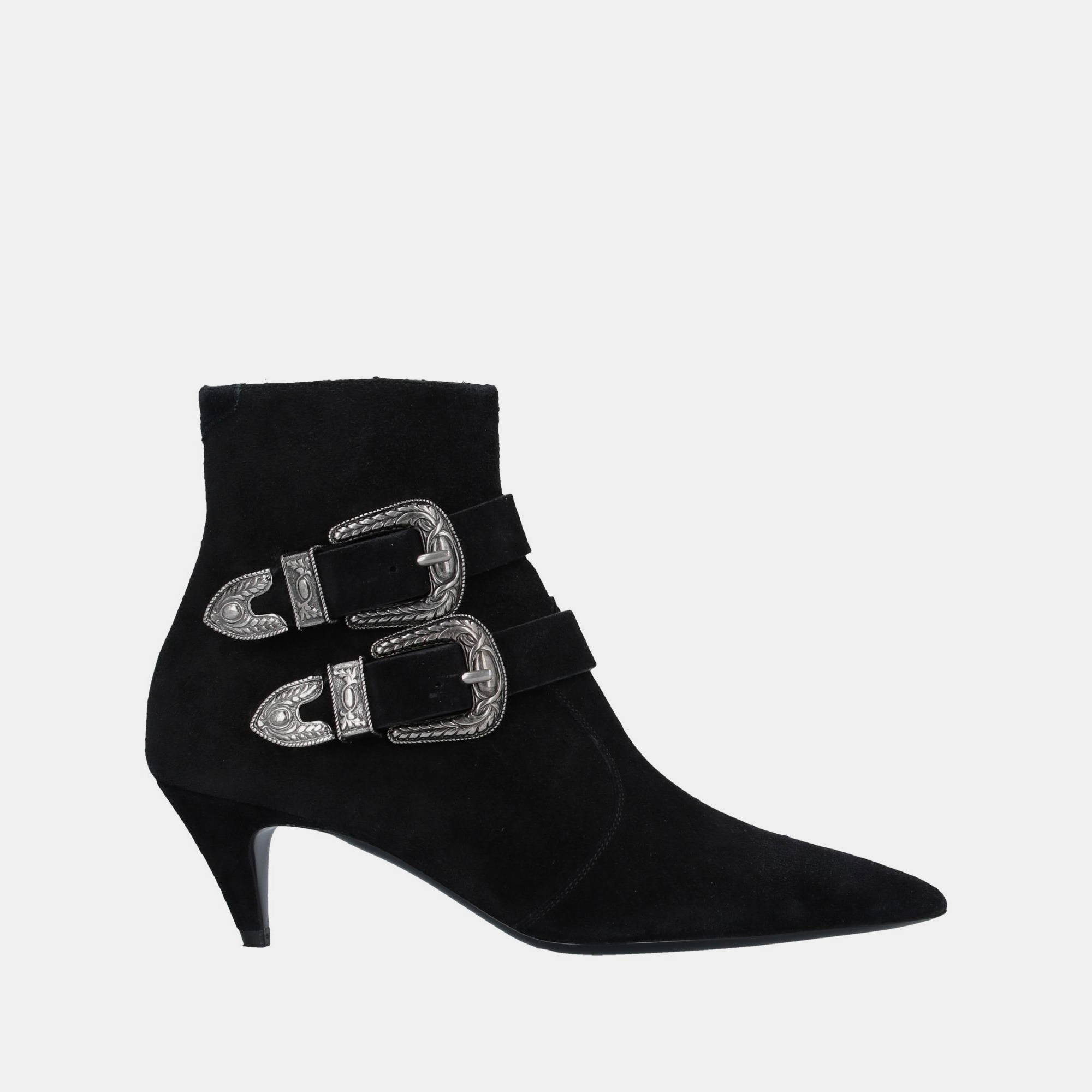 Pre-owned Saint Laurent Suede Ankle Boots 37.5 In Black