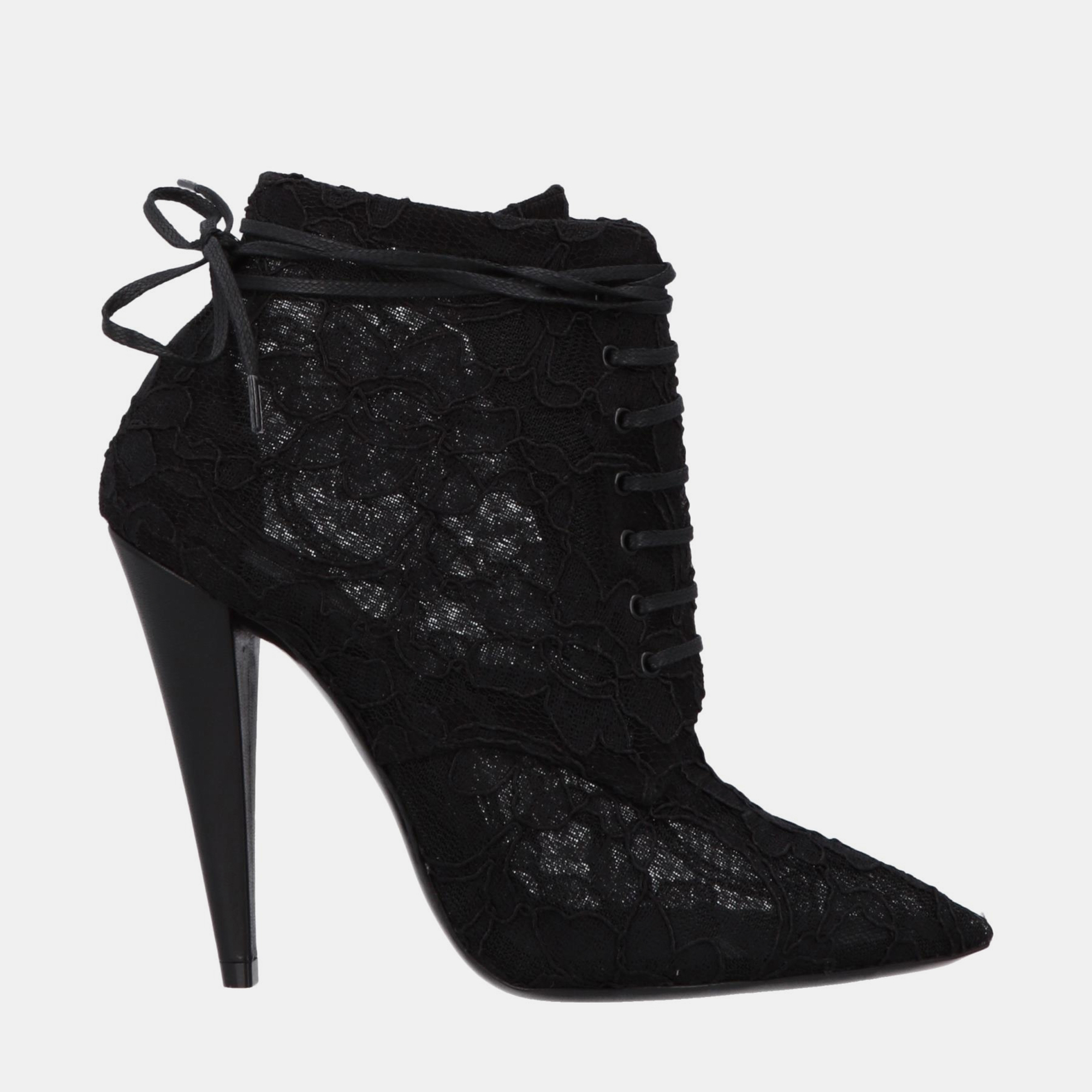 

Saint Laurent Lace Pointed Toe Ankle Booties Size, Black