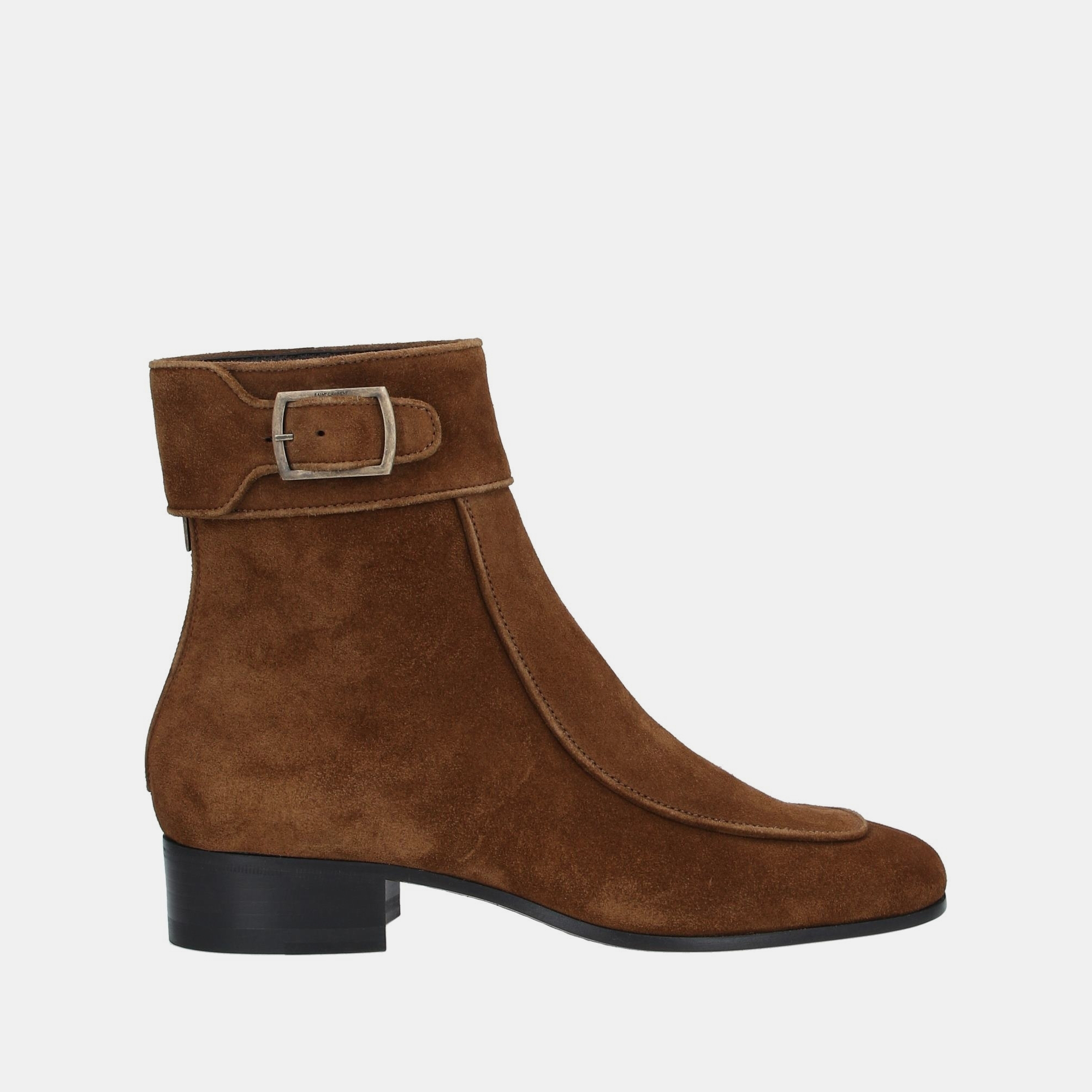 Pre-owned Saint Laurent Suede Buckle Ankle Boots 37 In Brown