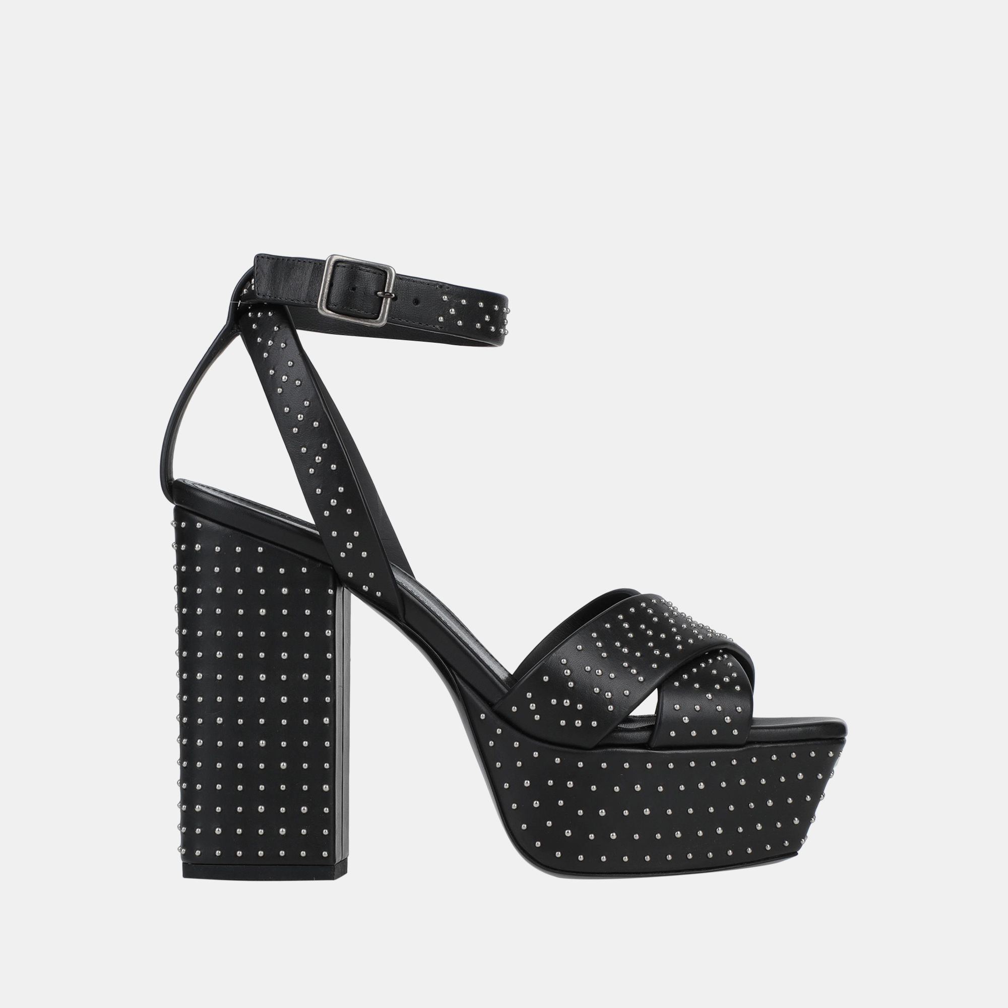 Pre-owned Saint Laurent Black Studded Leather Platform Ankle Strap Sandals Size 37