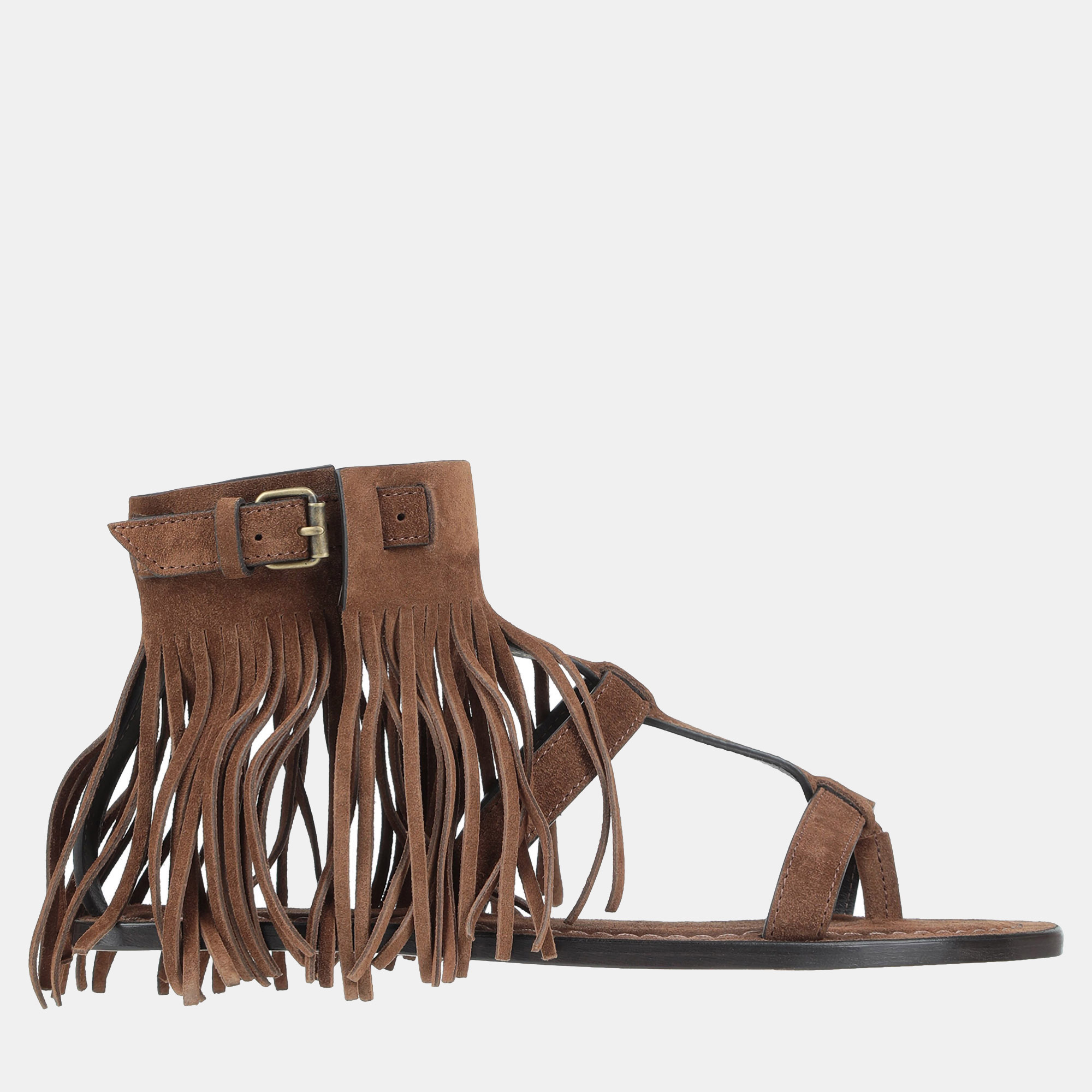 Pre-owned Saint Laurent Suede Thong Fringe Gladiator Sandals Size 37 In Brown