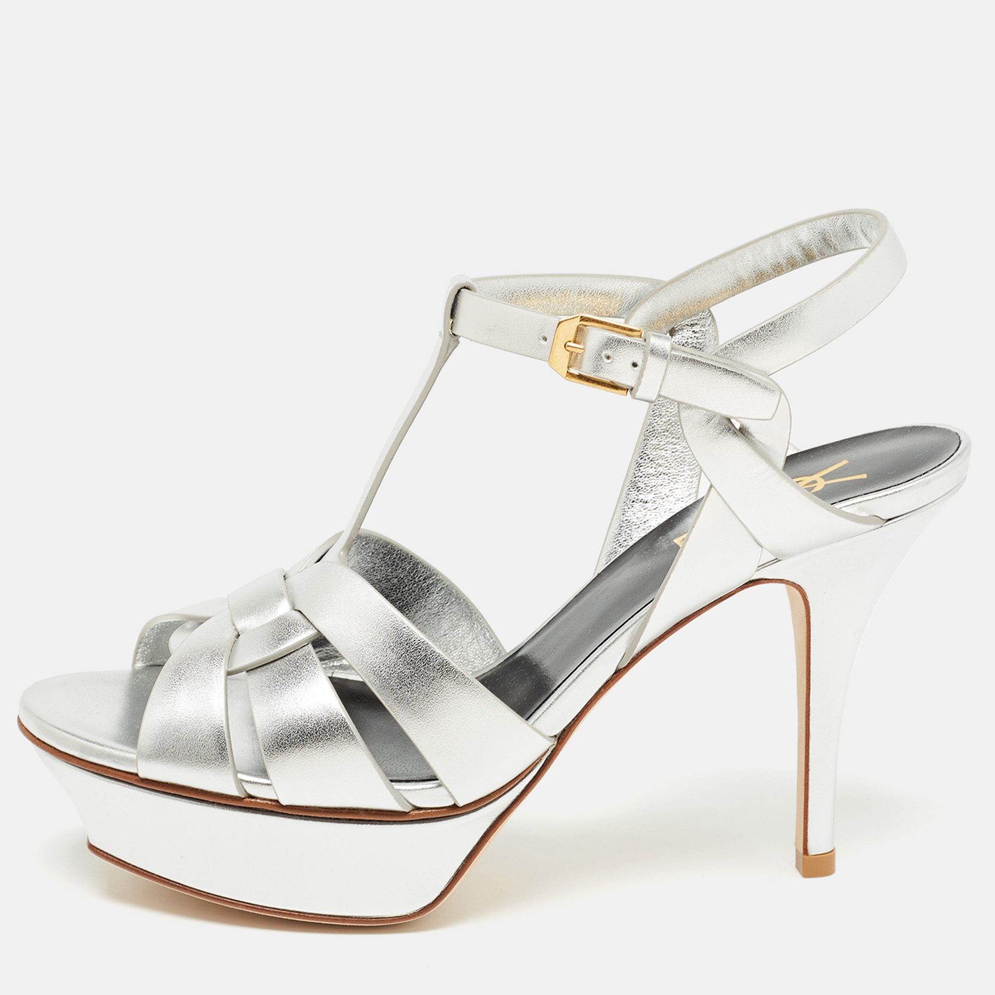 Pre-owned Saint Laurent Silver Leather Tribute Ankle Sandals Size 37