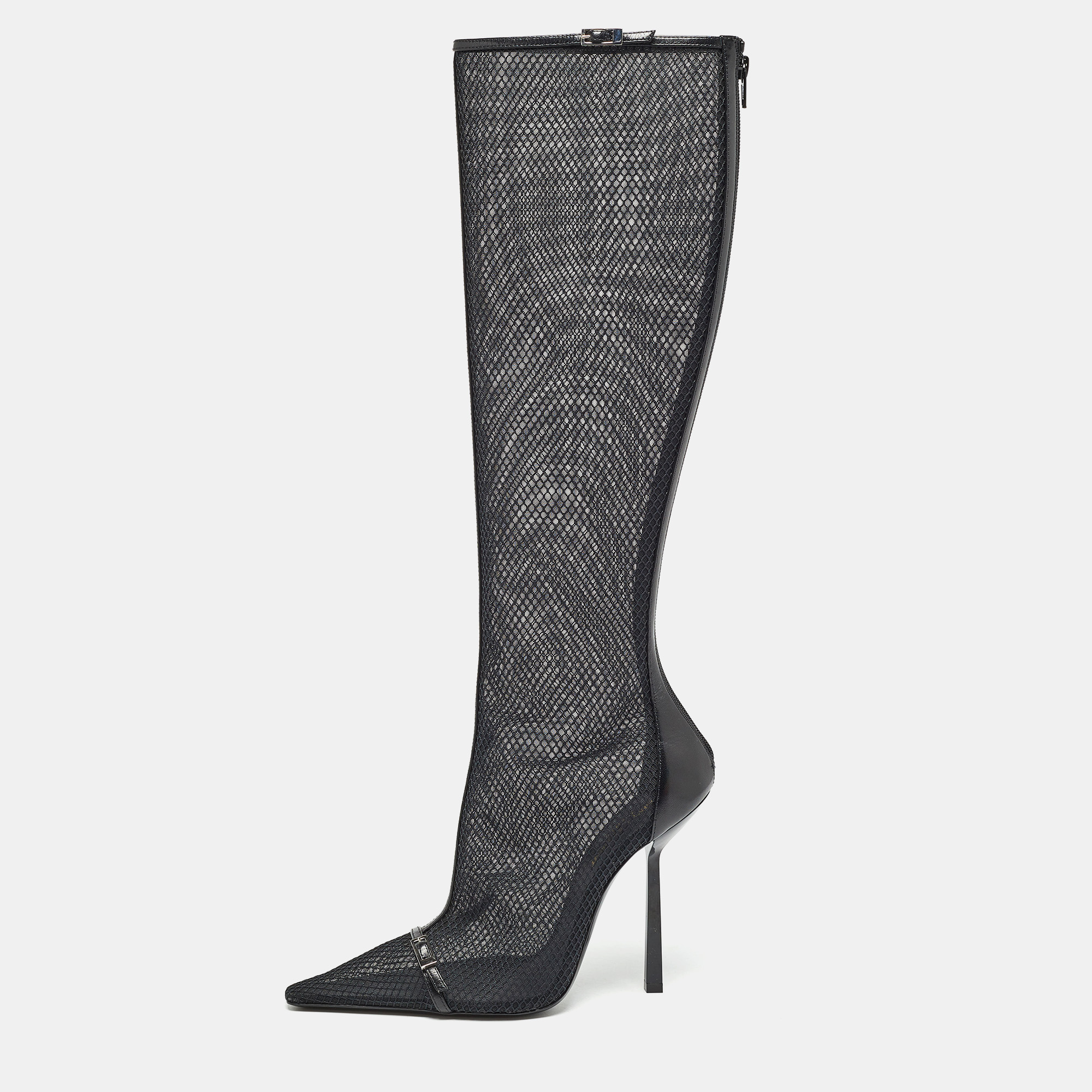 

Saint Laurent Black Mesh and Leather Knee Length Boots Size