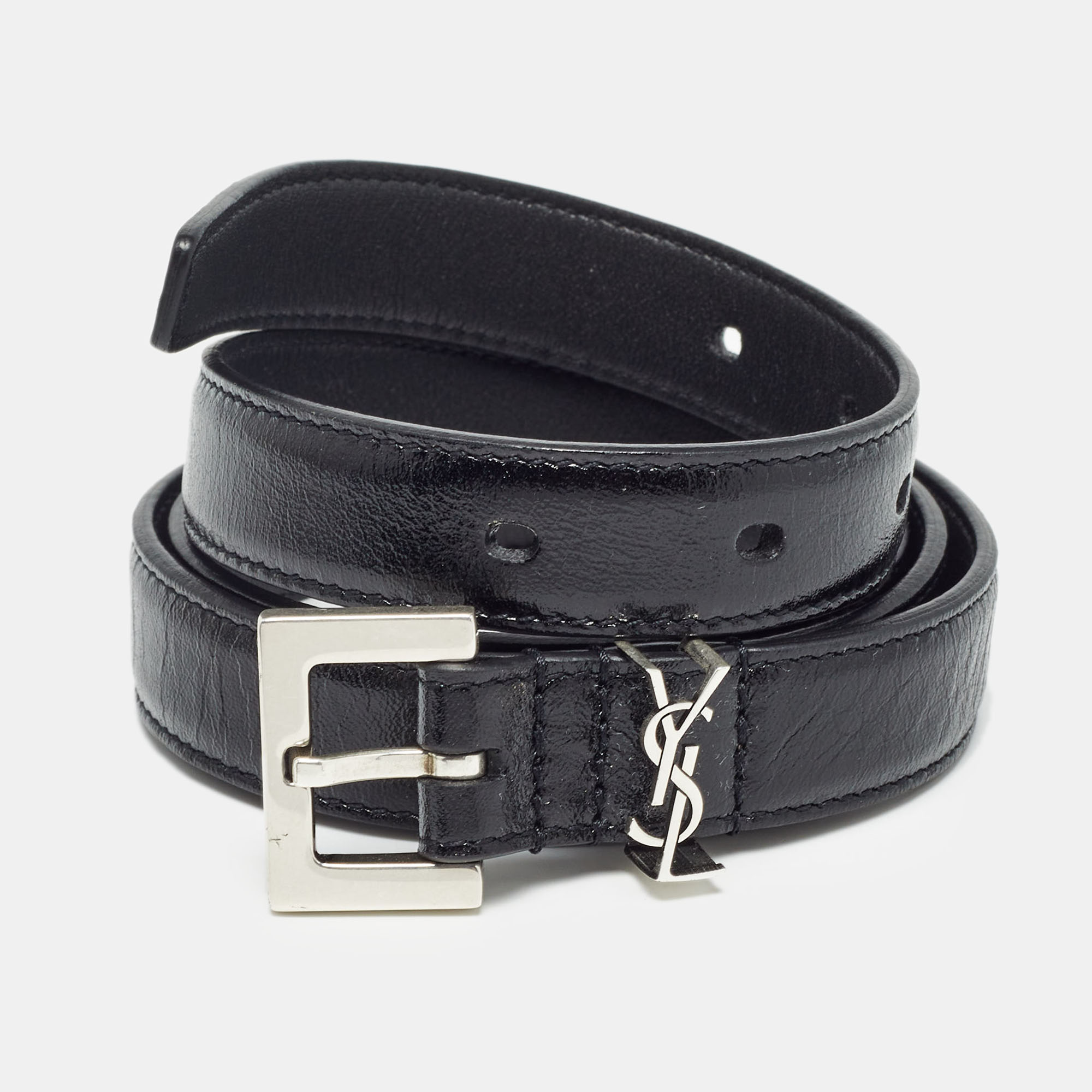 

Saint Laurent Black Leather Cassandre Slim Belt