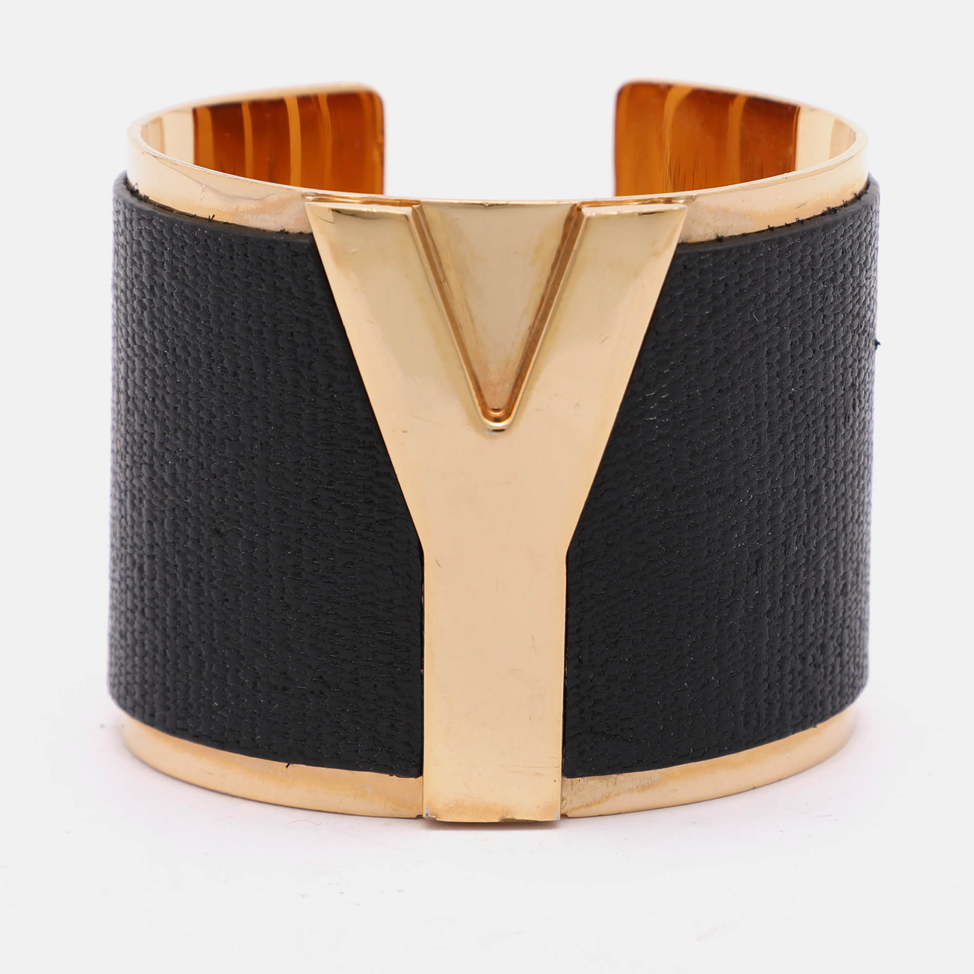 

Yves Saint Laurent Black/Gold Tone Metal and Leather Y Wide Cuff Bracelet