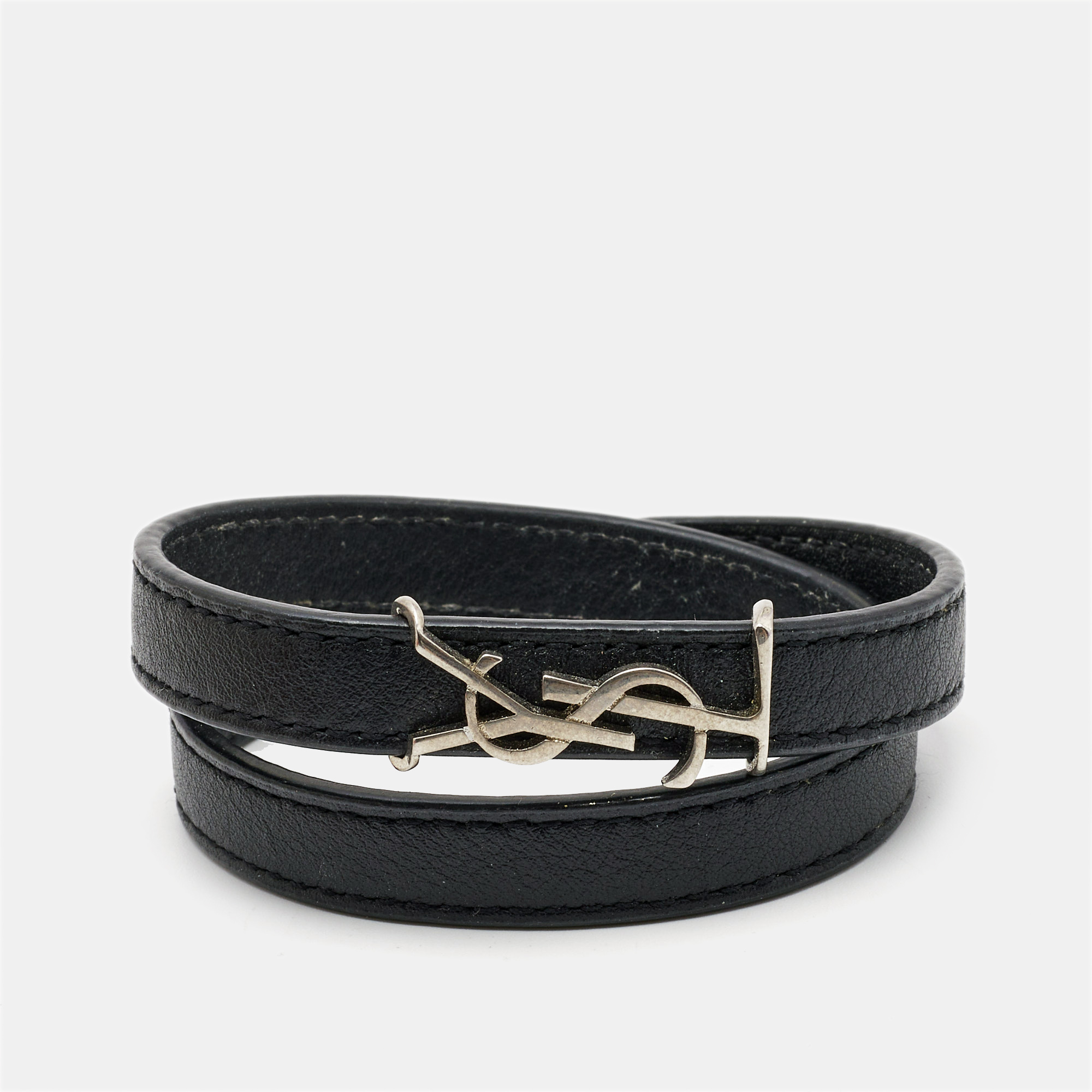 

Saint Laurent Opyum Black Leather Silver Tone Wrap Bracelet