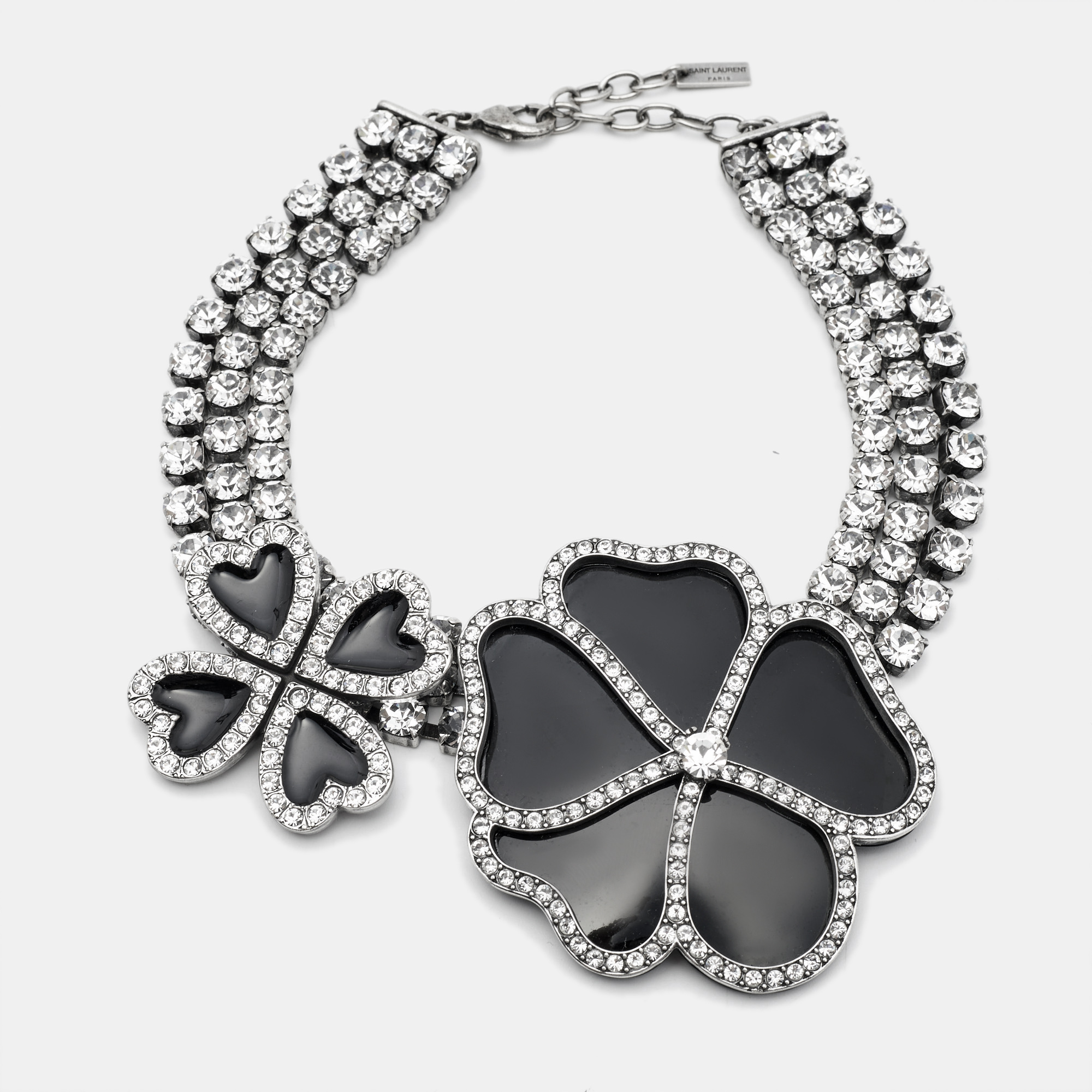 

Saint Laurent Crystal Heart Clover Silver Tone Choker Necklace