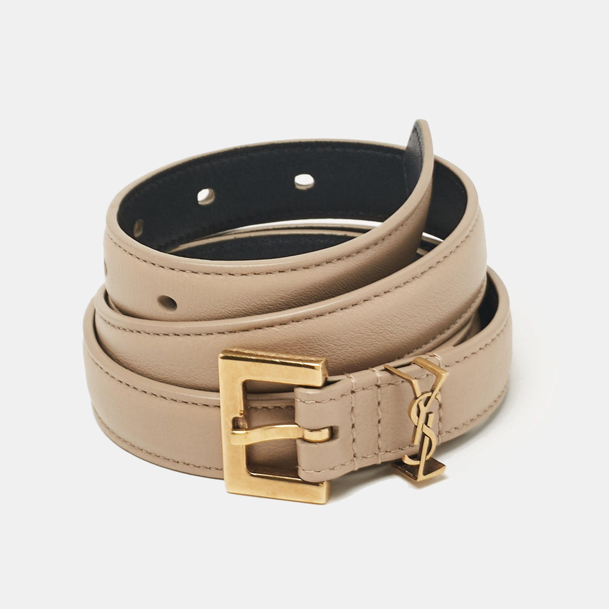 Pre-owned Saint Laurent Beige Leather Monogram Square Buckle Belt 70cm