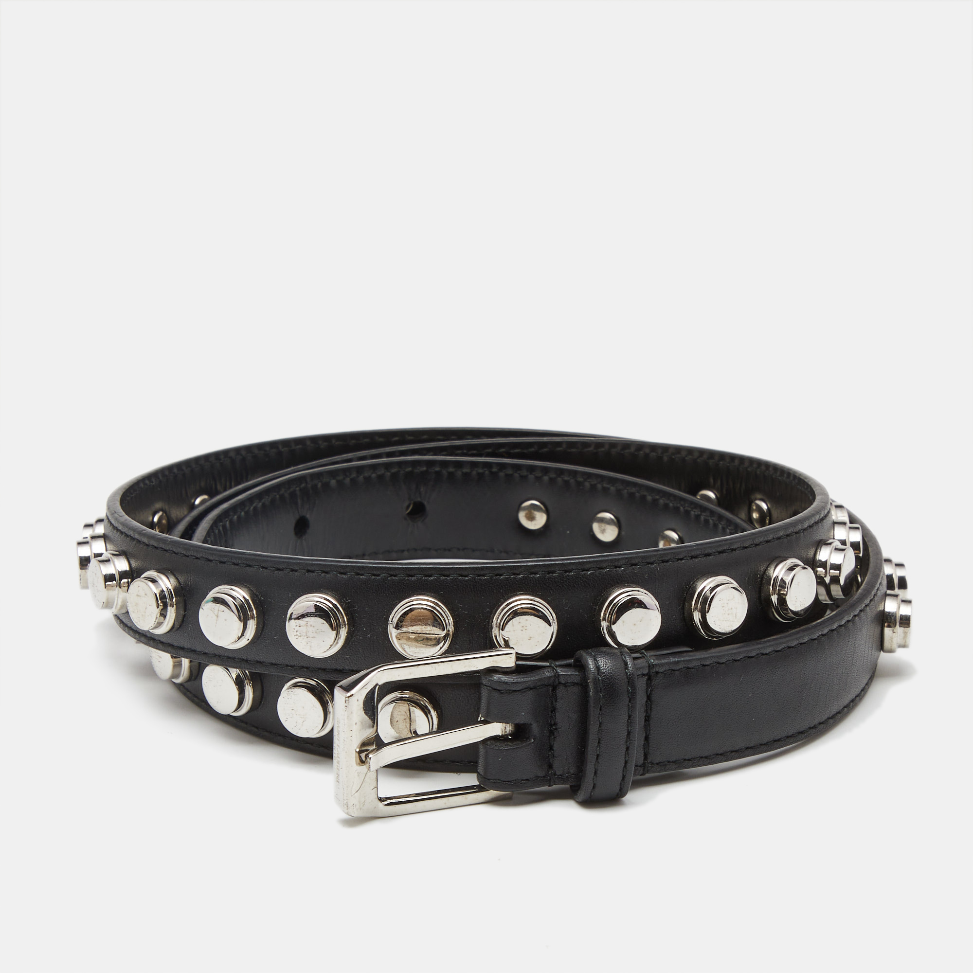 Pre-owned Saint Laurent Black Leather Studded Slim Buckle Belt 100cm