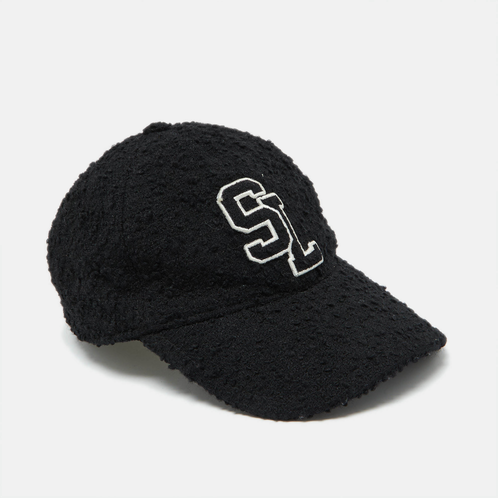 Pre-owned Saint Laurent Black Logo Wool Tweed Baseball Cap Size 57