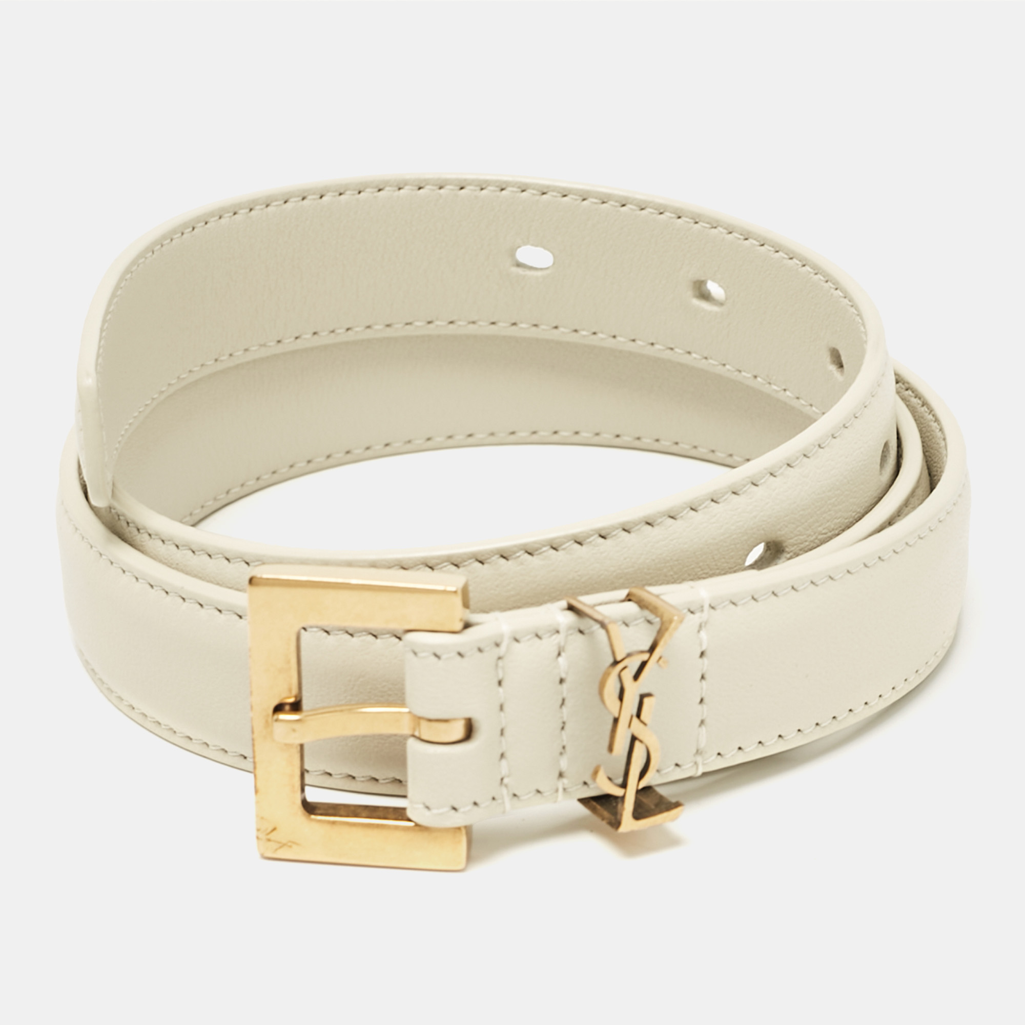 

Saint Laurent Off White Leather Cassandre Slim Belt